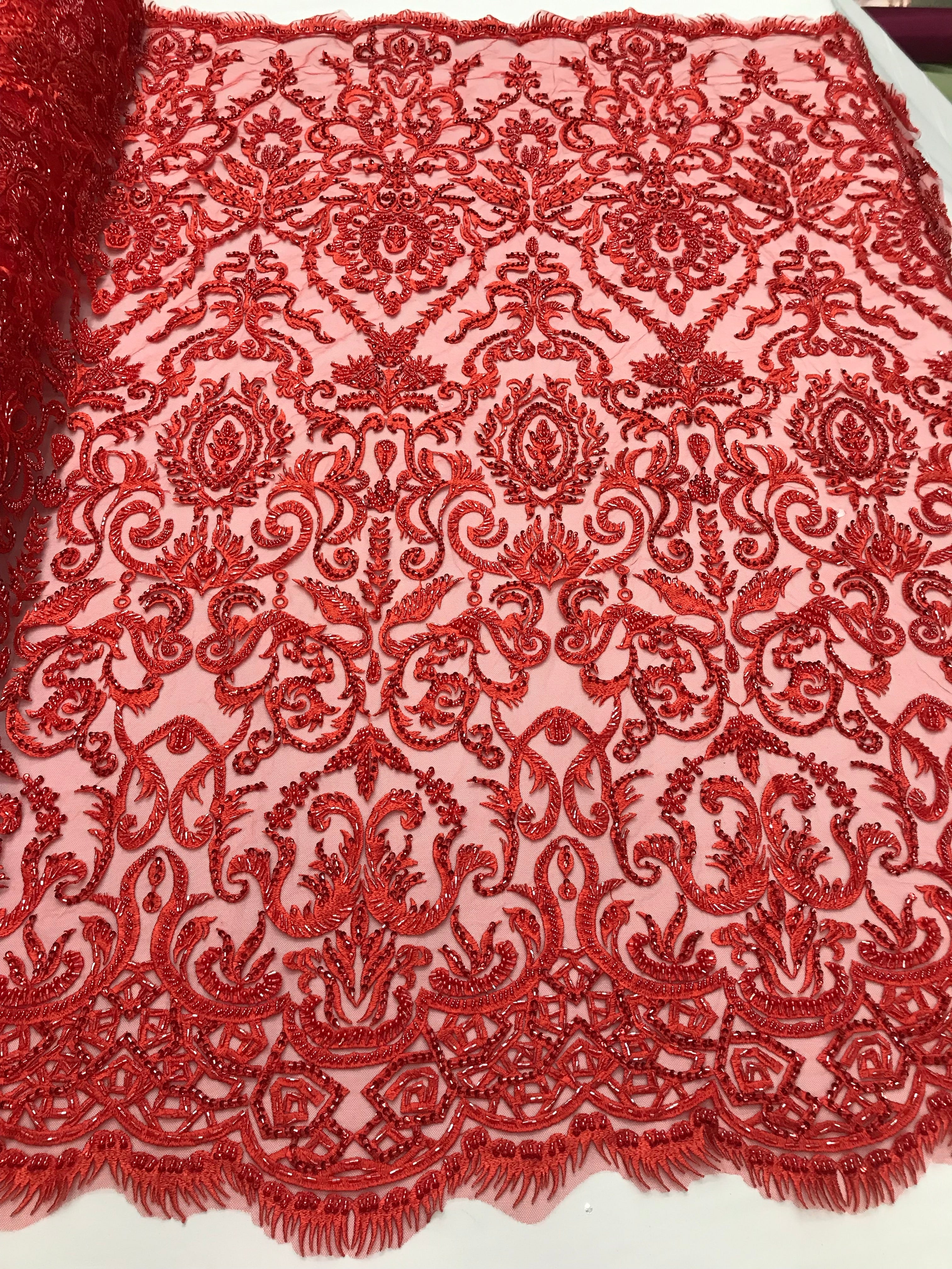 Bridal Lace Hand Beaded Embroidered Floral Fabric - by the yard - Wedding Beaded Fabric