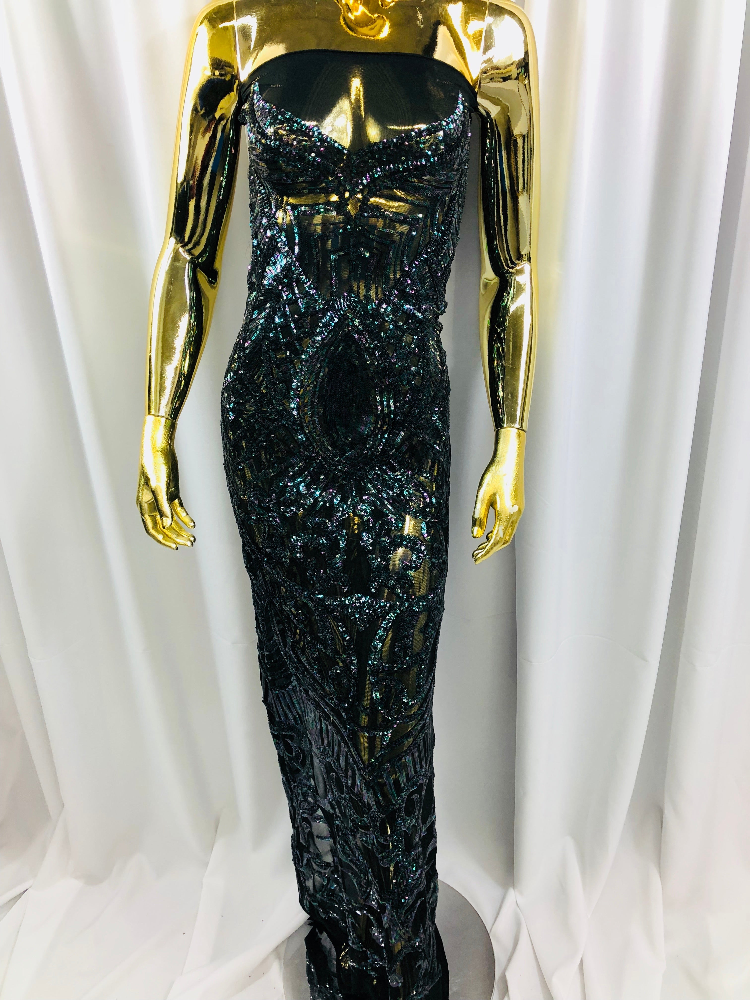 Iridescent Black 4 Way Stretch - Sequins Damask Design Fabric Embroidered On Mesh Sold By The Yard