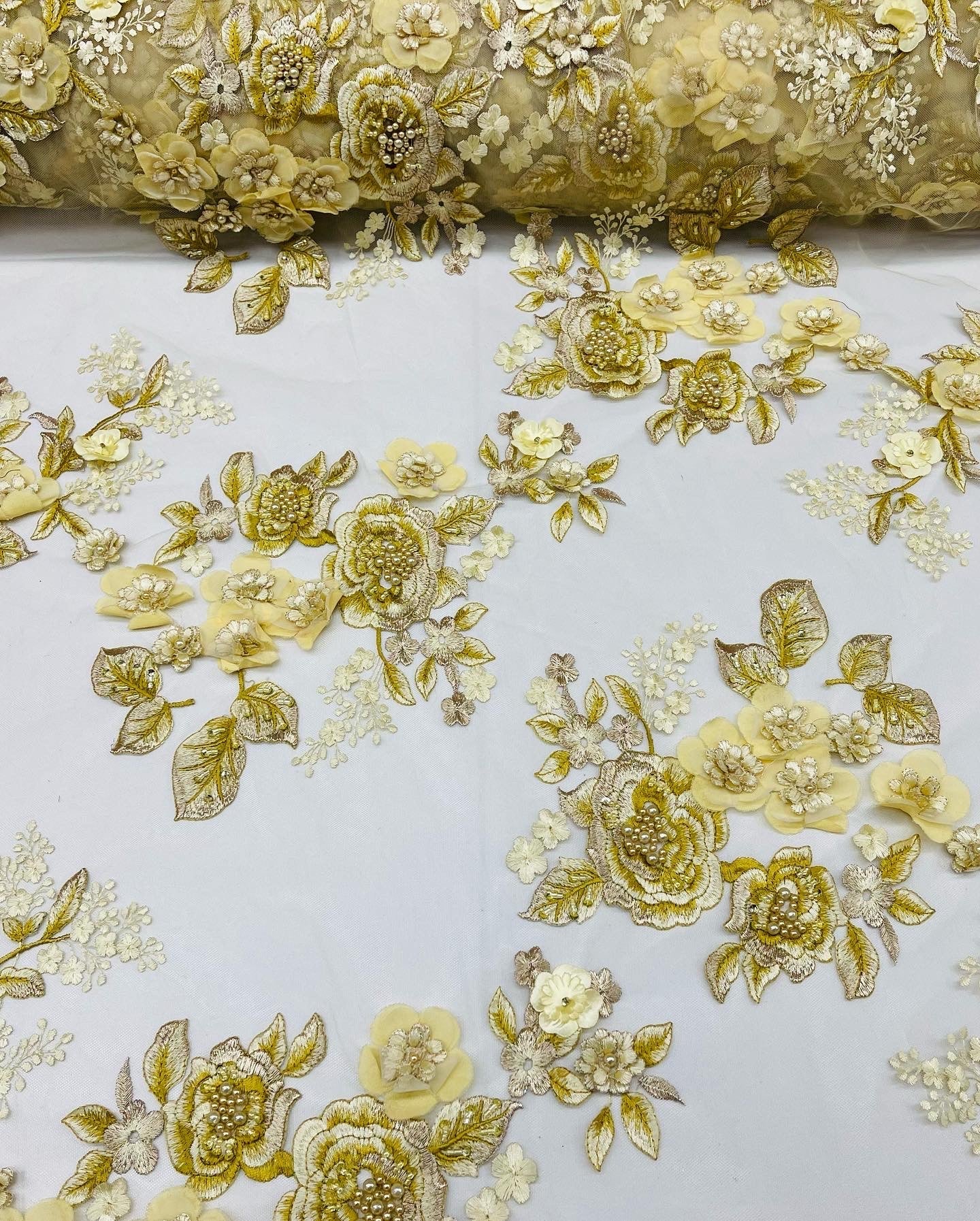 Gold Flower 3D Fabric - by the Yard - Embroided Fabric Flower Pearls and Beaded Fabric