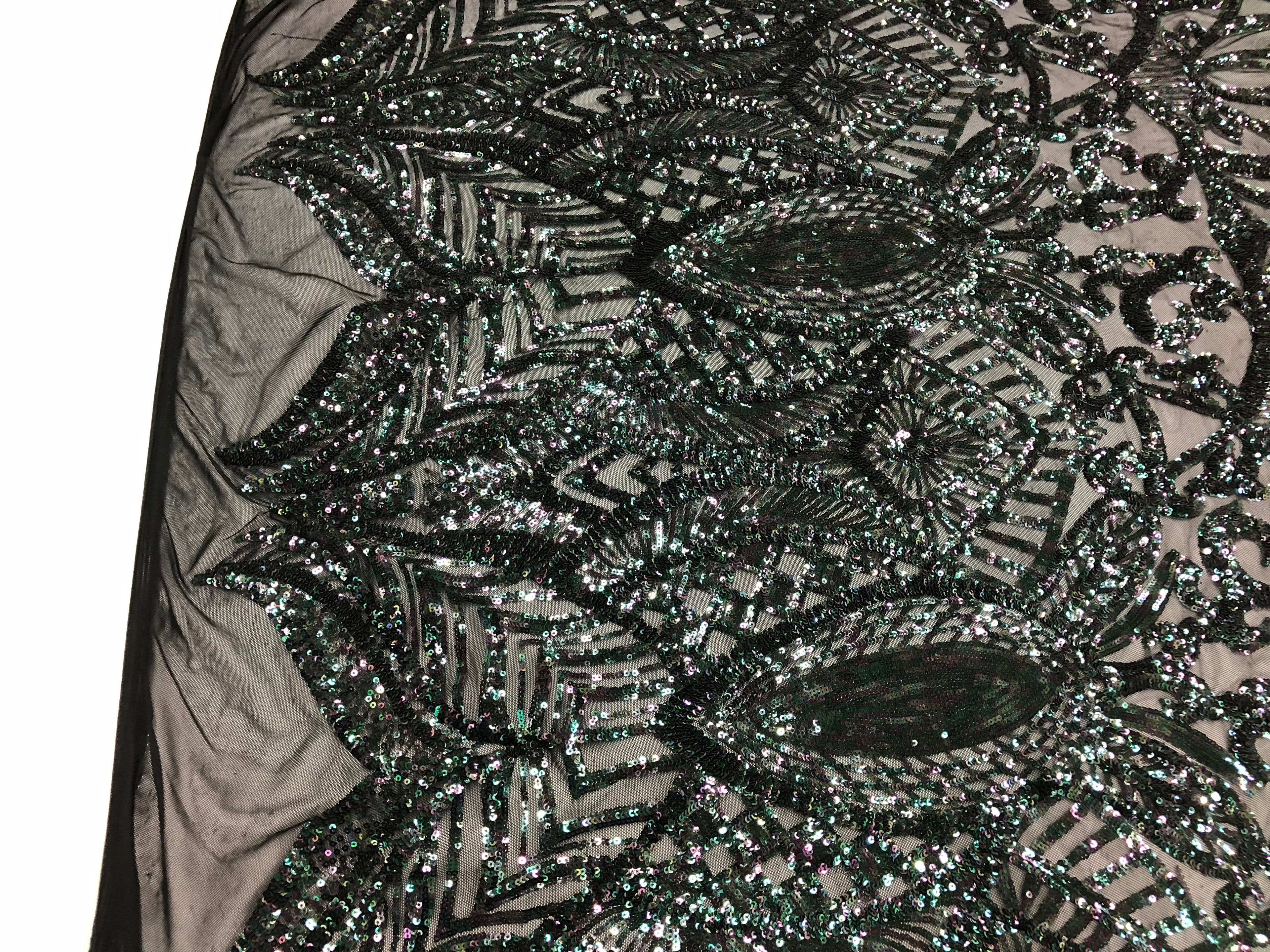 Iridescent Black 4 Way Stretch - Sequins Damask Design Fabric Embroidered On Mesh Sold By The Yard
