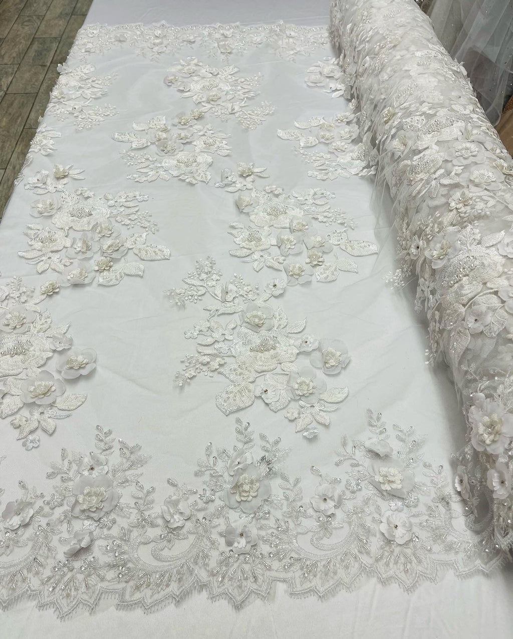 Of White Flower 3D Fabric - by the Yard - Embroided Fabric Flower Pearls and Beaded Fabric