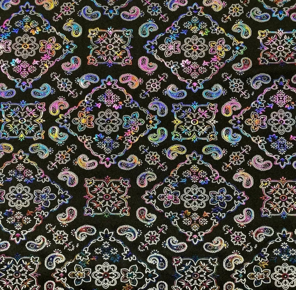 Iridescent/Black Bandana Print Fabrics - Lycra Spandex Fabric Sold By The Yard