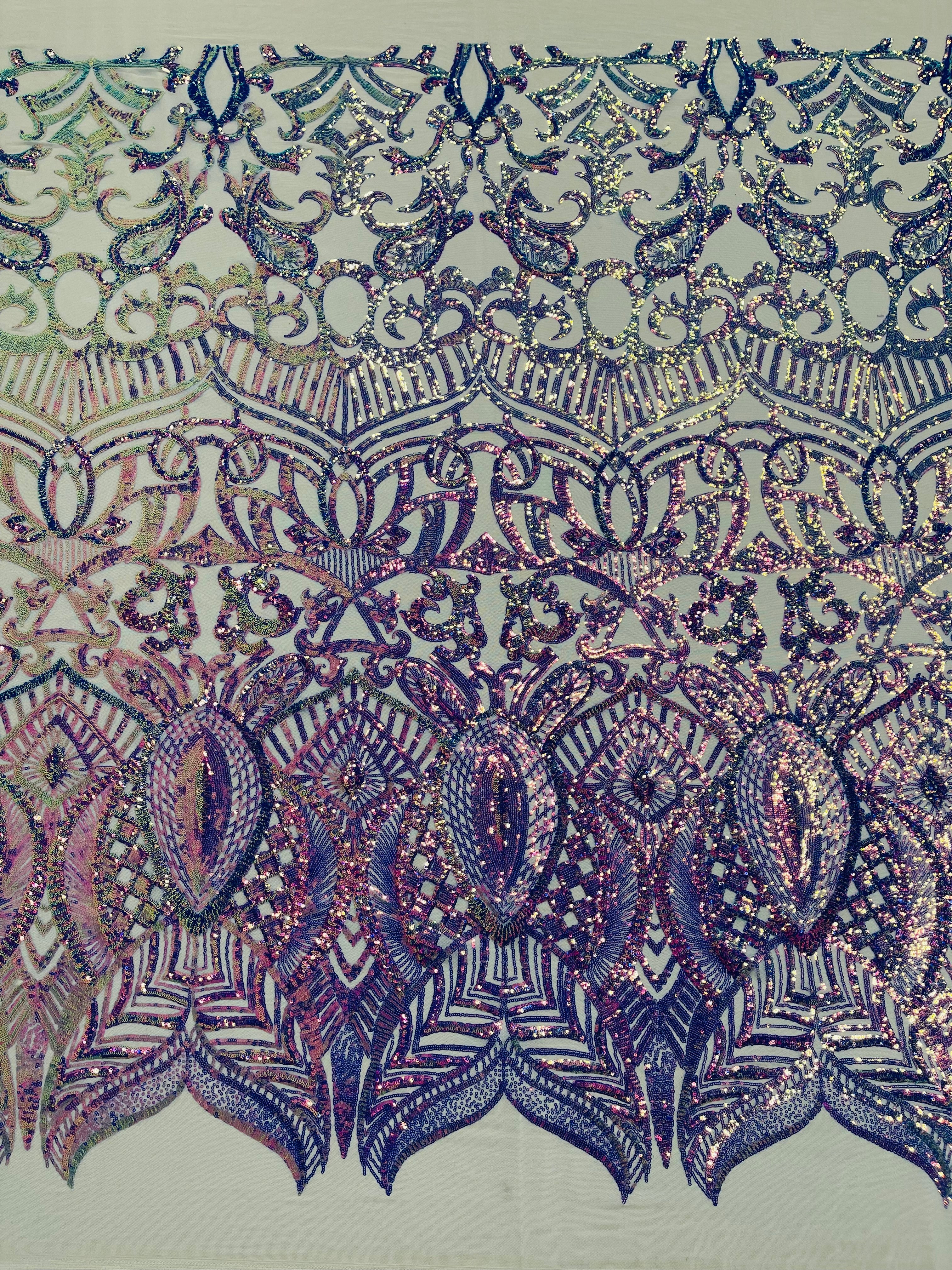 Lavender Iridescent - 4 Way Stretch Embroidered Royalty Sequins Design Fabric By Yard