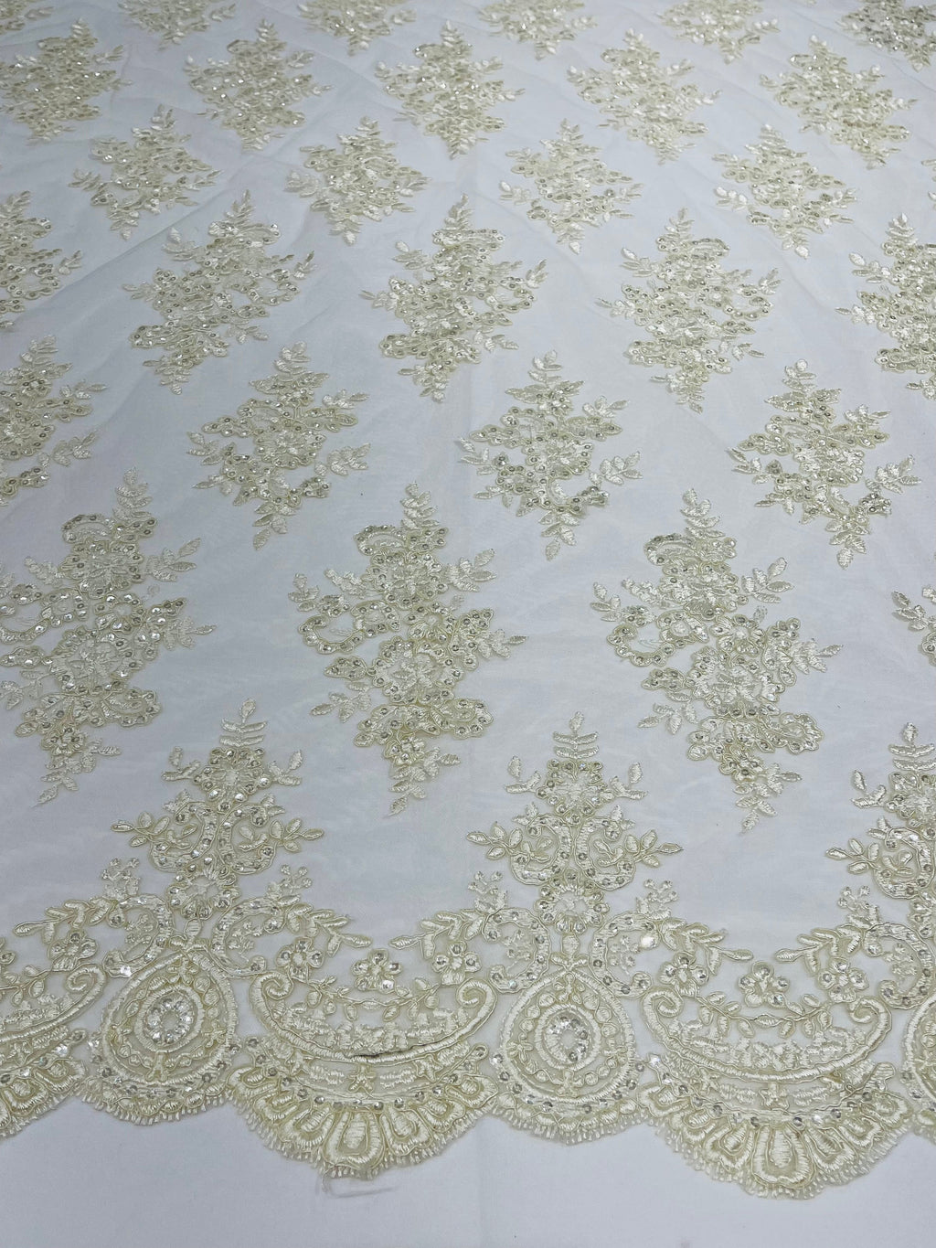 Ivory Floral Lace Fabric - by the yard - Corded Flower Embroidery Design With Sequins on a Mesh