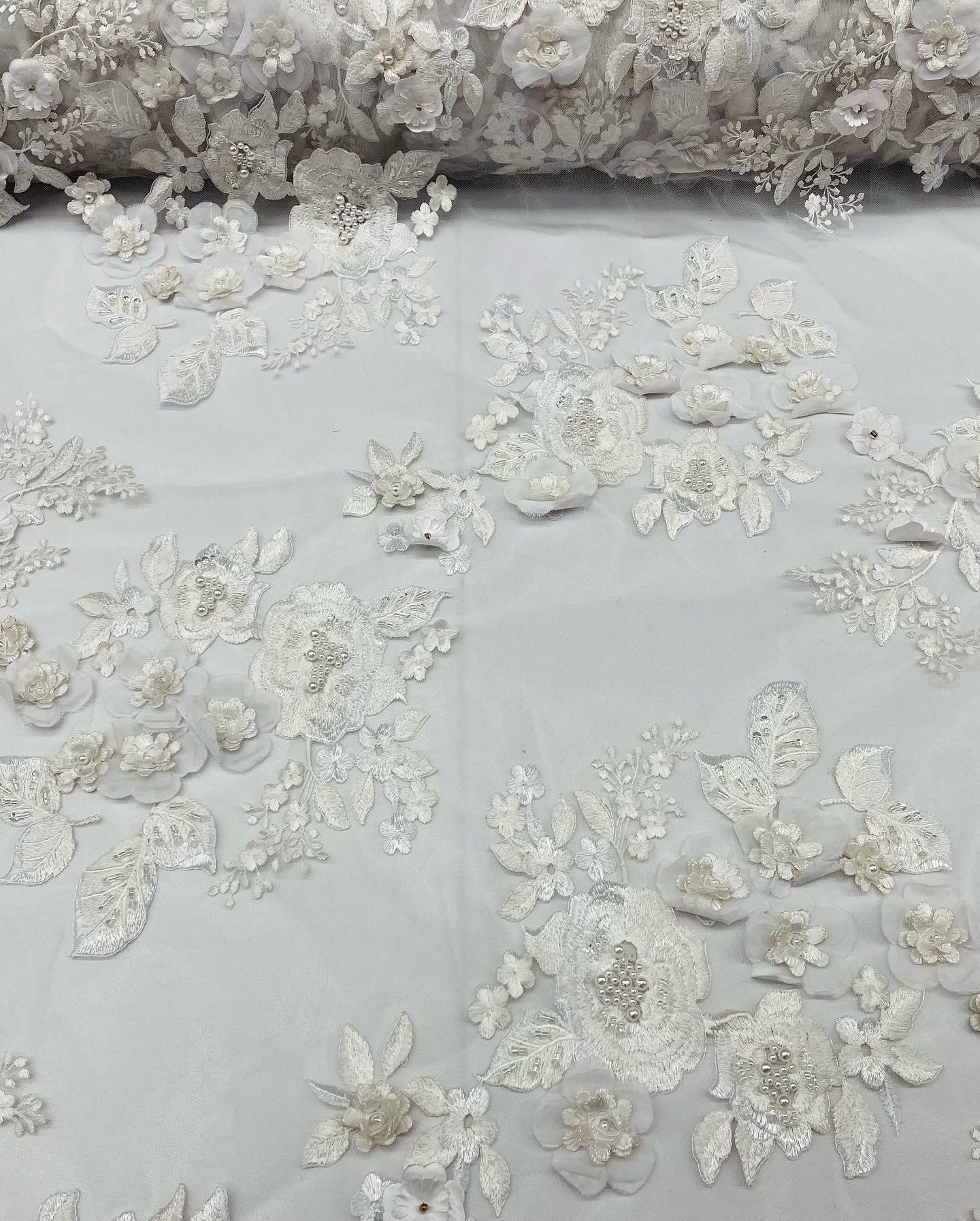 Of White Flower 3D Fabric - by the Yard - Embroided Fabric Flower Pearls and Beaded Fabric