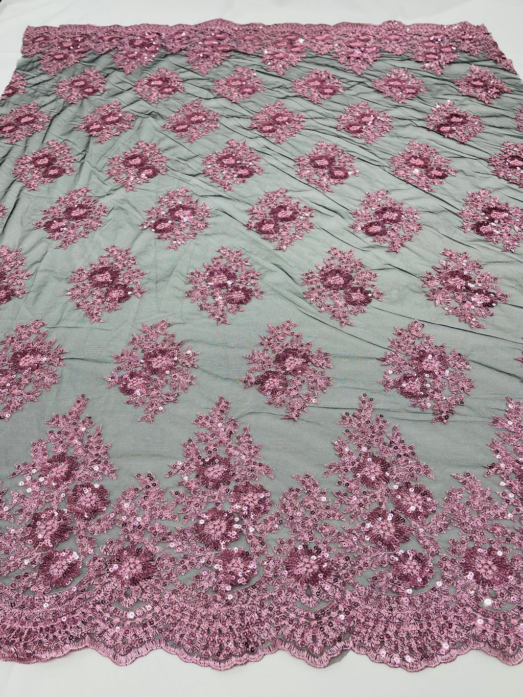Floral Lace Fabric - Pink on Black Mesh - Flower Cluster Embroidery Design With Sequins on a Mesh