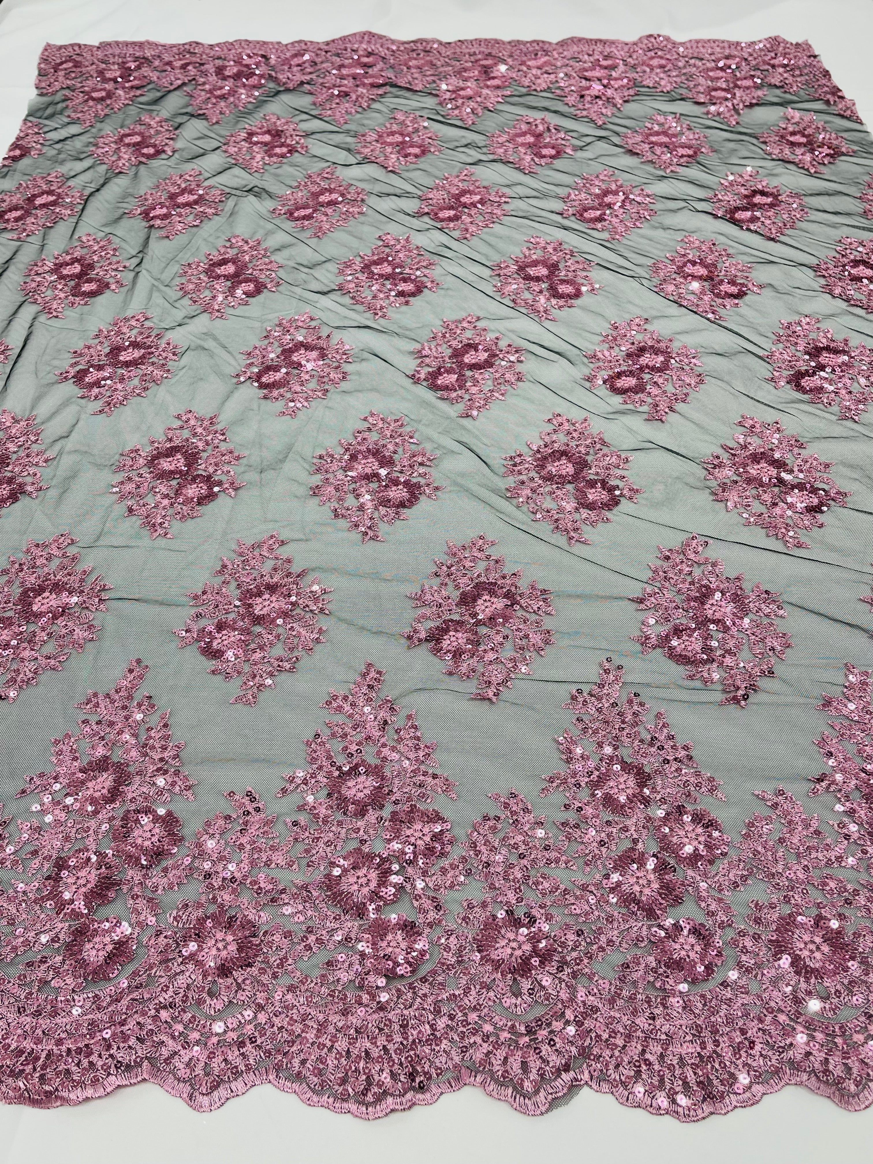 Floral Lace Fabric - Pink on Black Mesh - Flower Cluster Embroidery Design With Sequins on a Mesh