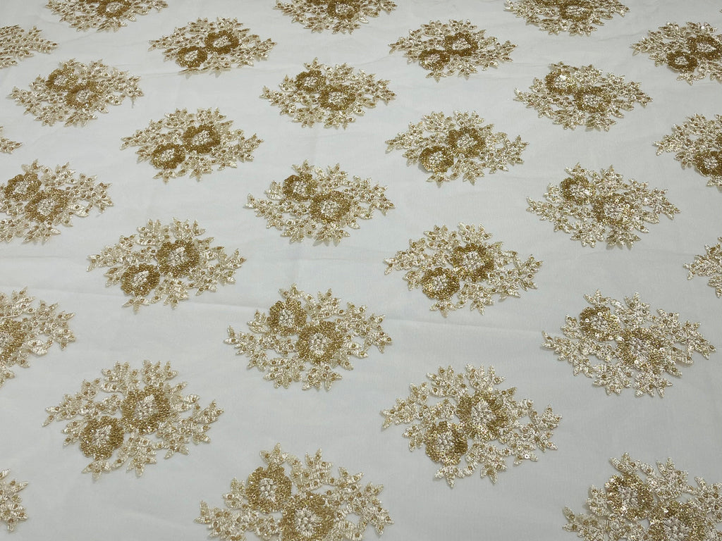 Floral Lace Fabric - Champagne - Flower Cluster Embroidery Design With Sequins on a Mesh