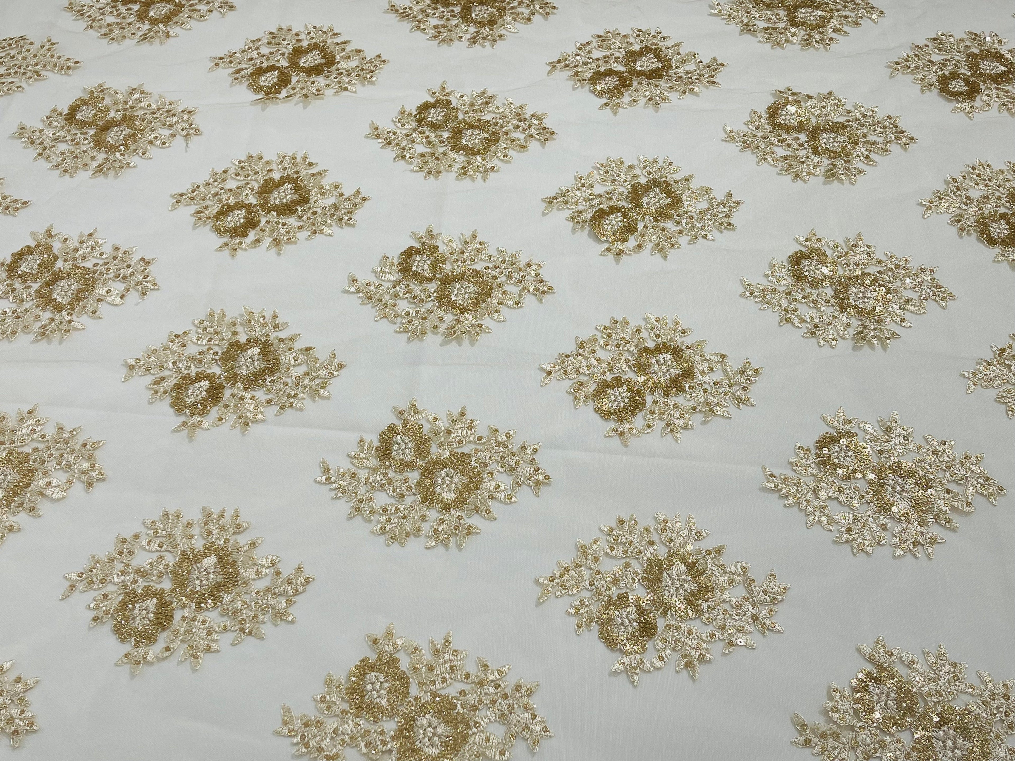 Floral Lace Fabric - Champagne - Flower Cluster Embroidery Design With Sequins on a Mesh