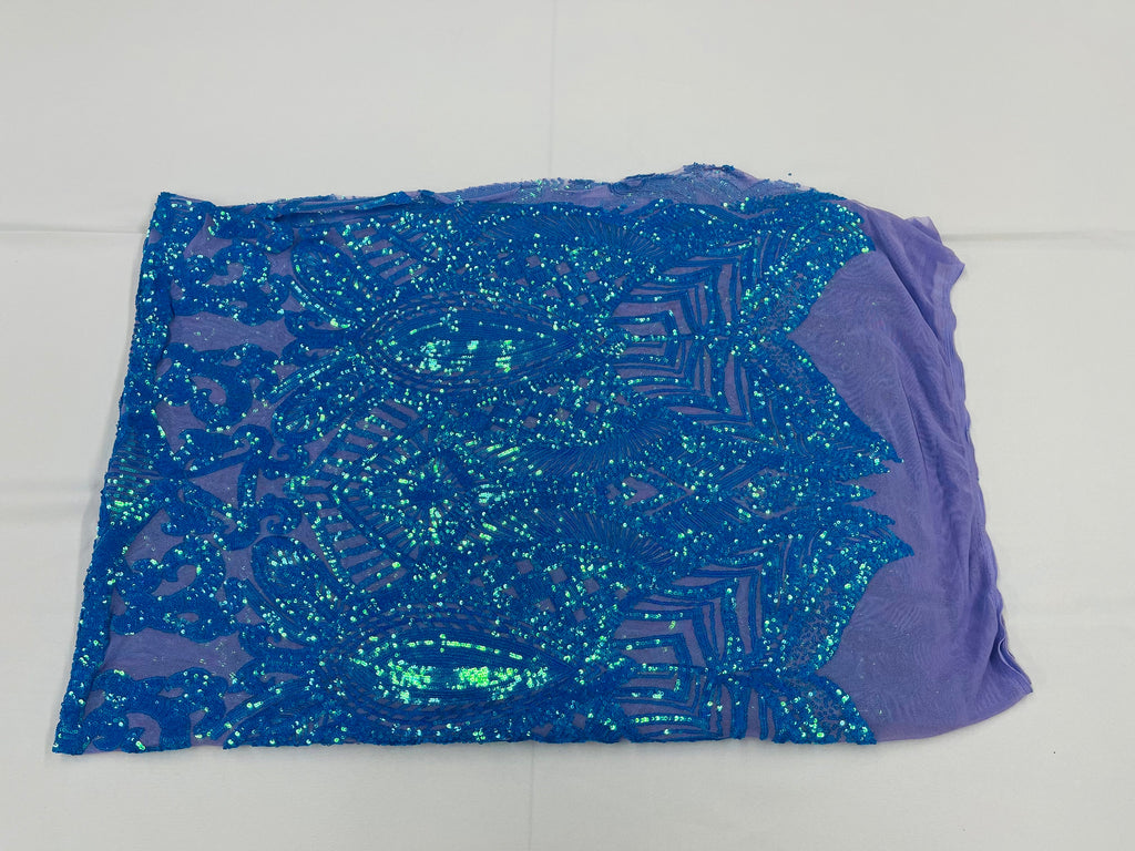 Iridescent Turquoise - 4 Way Stretch Embroidered Royalty Sequins Design Fabric By Yard
