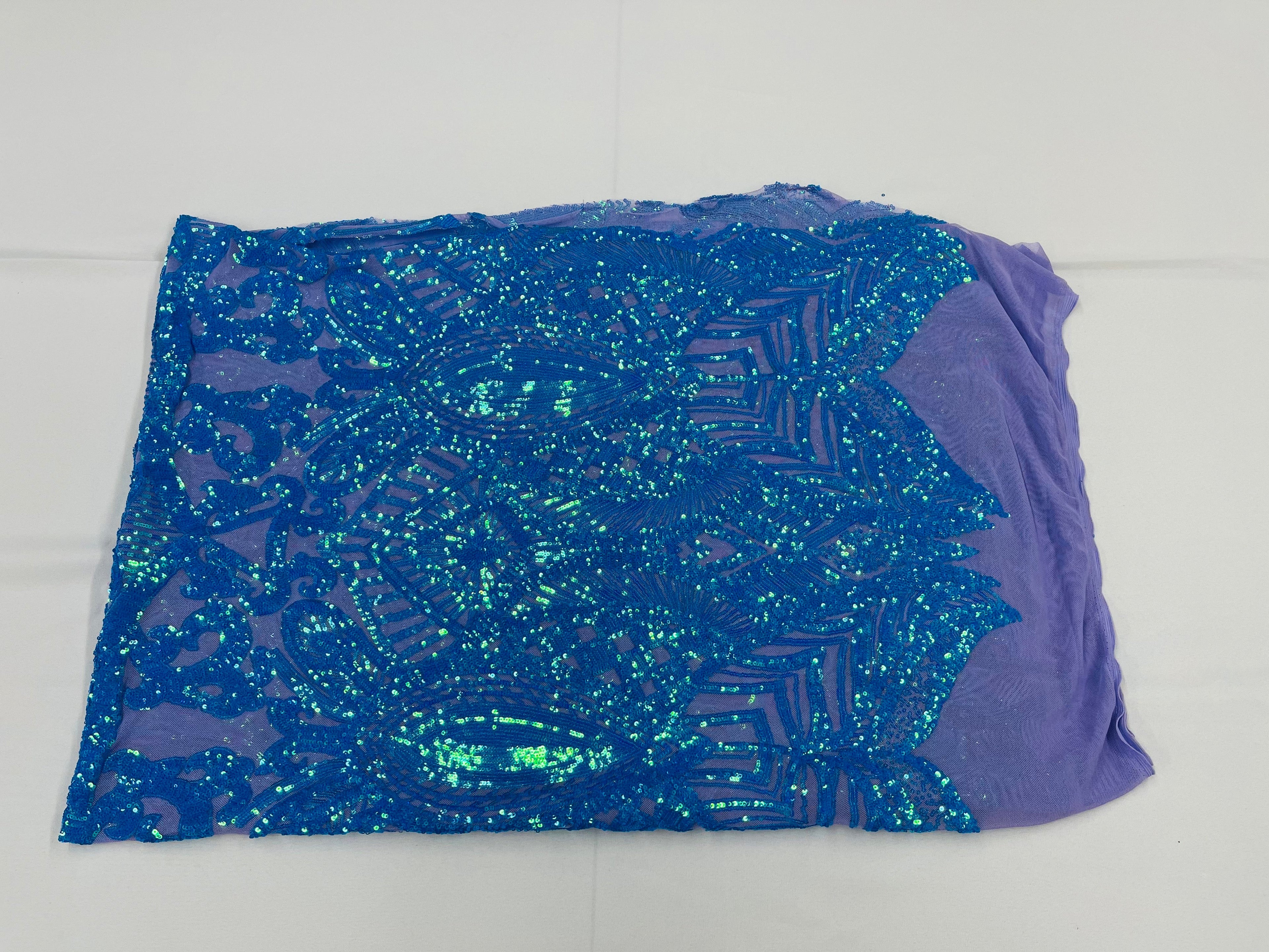 Iridescent Turquoise - 4 Way Stretch Embroidered Royalty Sequins Design Fabric By Yard