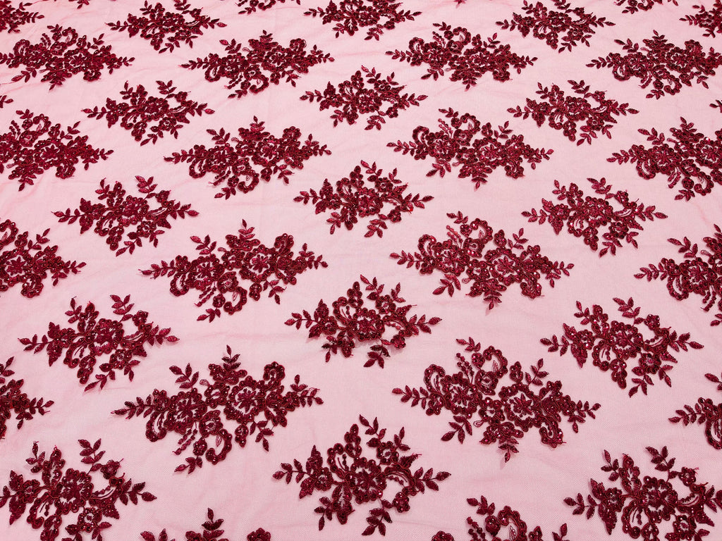 Burgundy Floral Lace Fabric by the yard Corded Flower Embroidery Design With Sequins on a Mesh