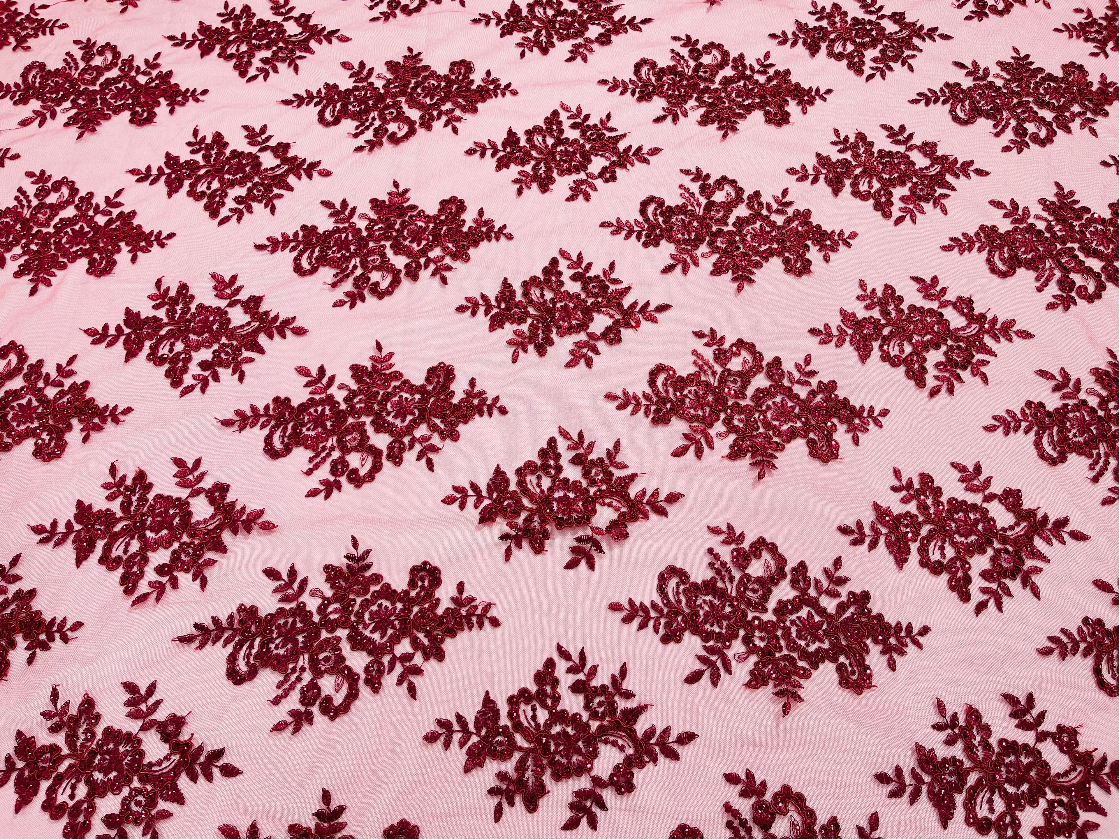 Burgundy Floral Lace Fabric by the yard Corded Flower Embroidery Design With Sequins on a Mesh