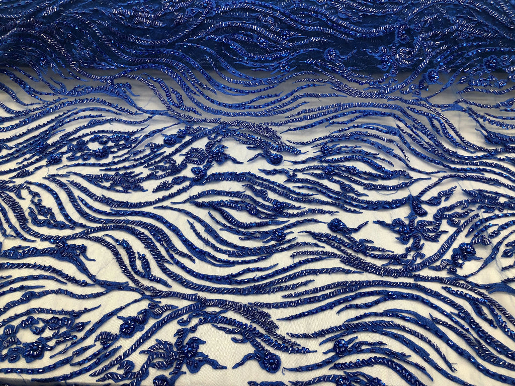 Beaded Lace Fabric - Royal Blue -  Embroidery on Mesh For Bridal Wedding Fancy Dress sample