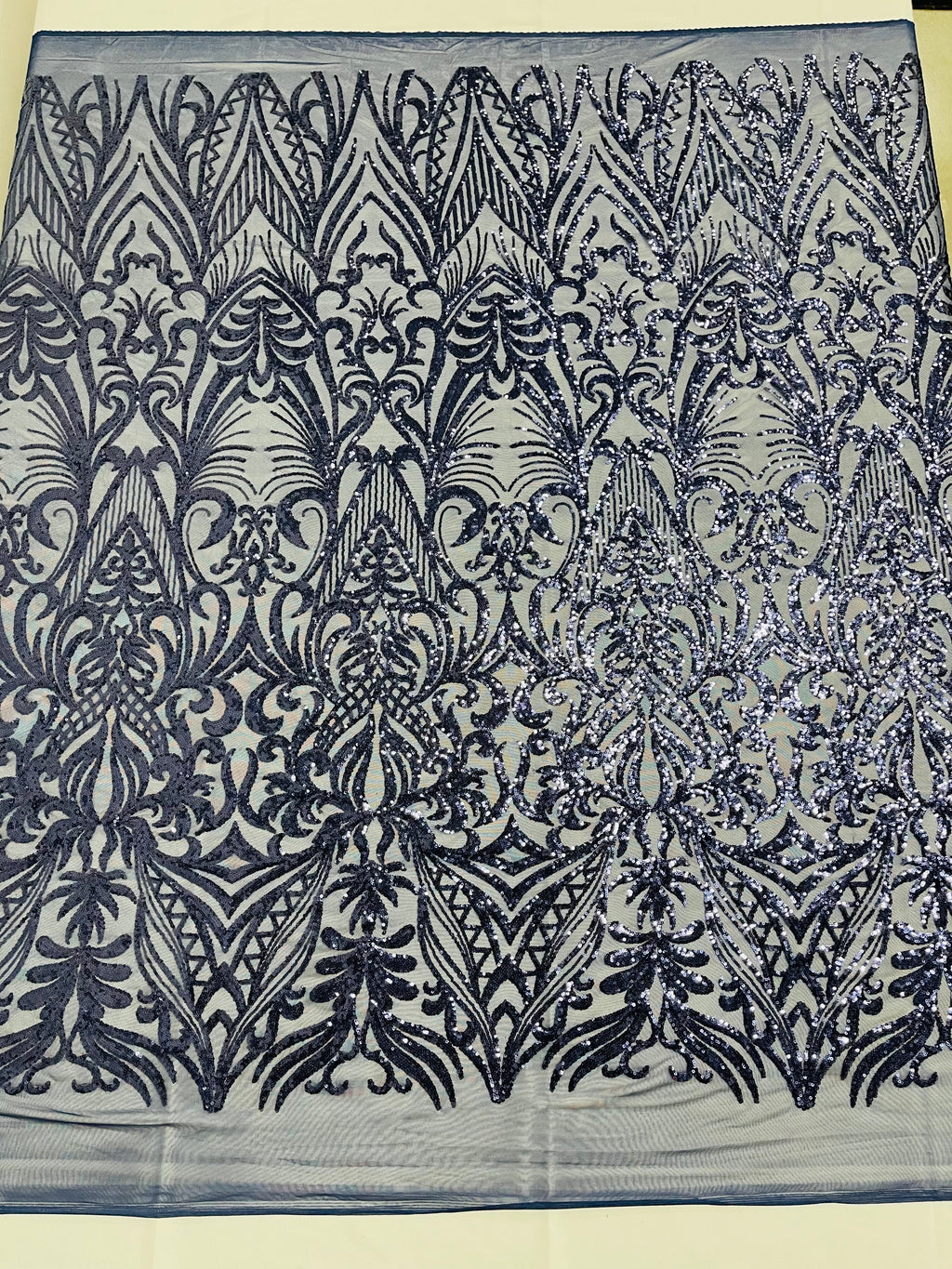 Navy Blue Sequin Fabric - by the yard - On Mesh 4 Way Stretch, Damask Design Sequins