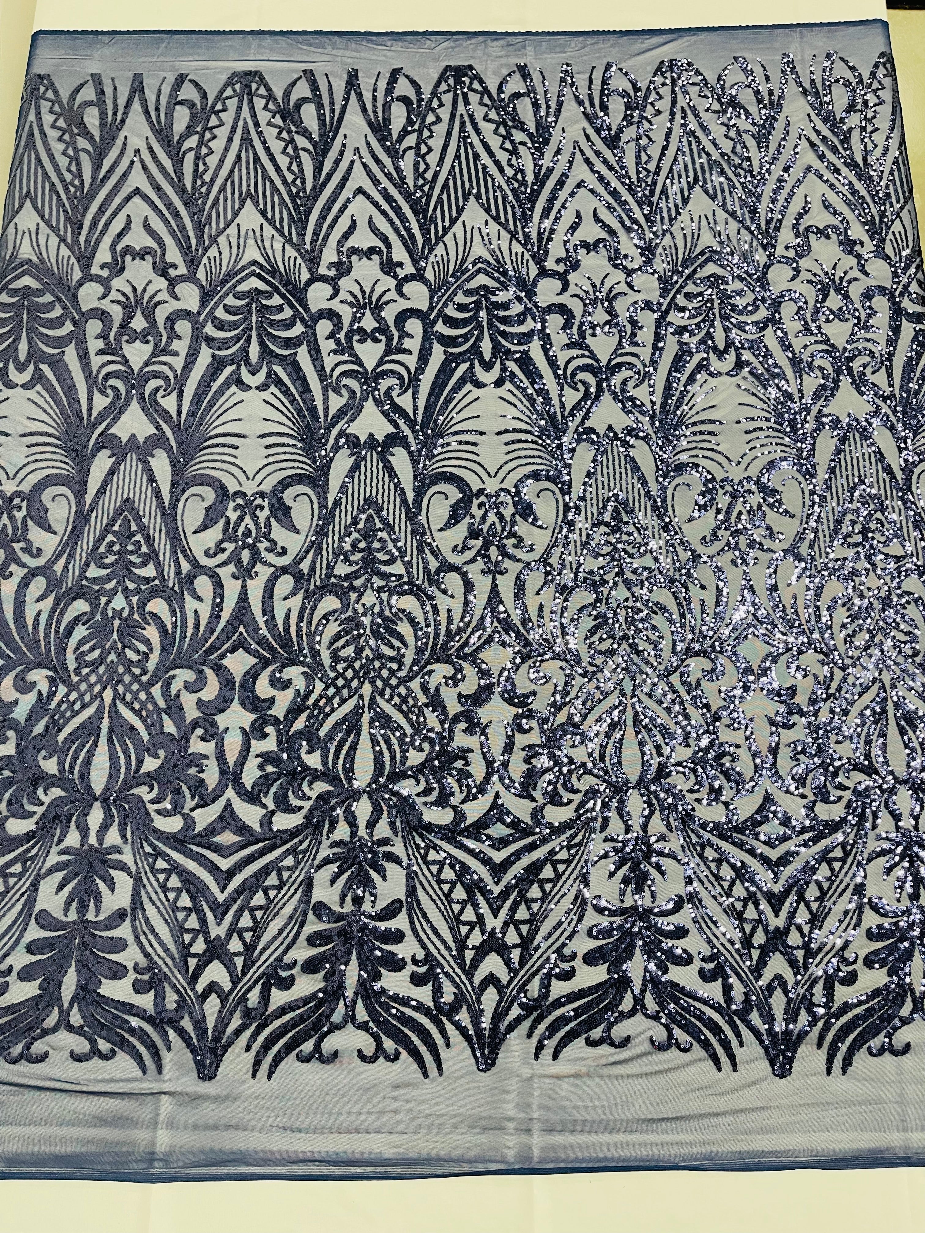 Navy Blue Sequin Fabric - by the yard - On Mesh 4 Way Stretch, Damask Design Sequins