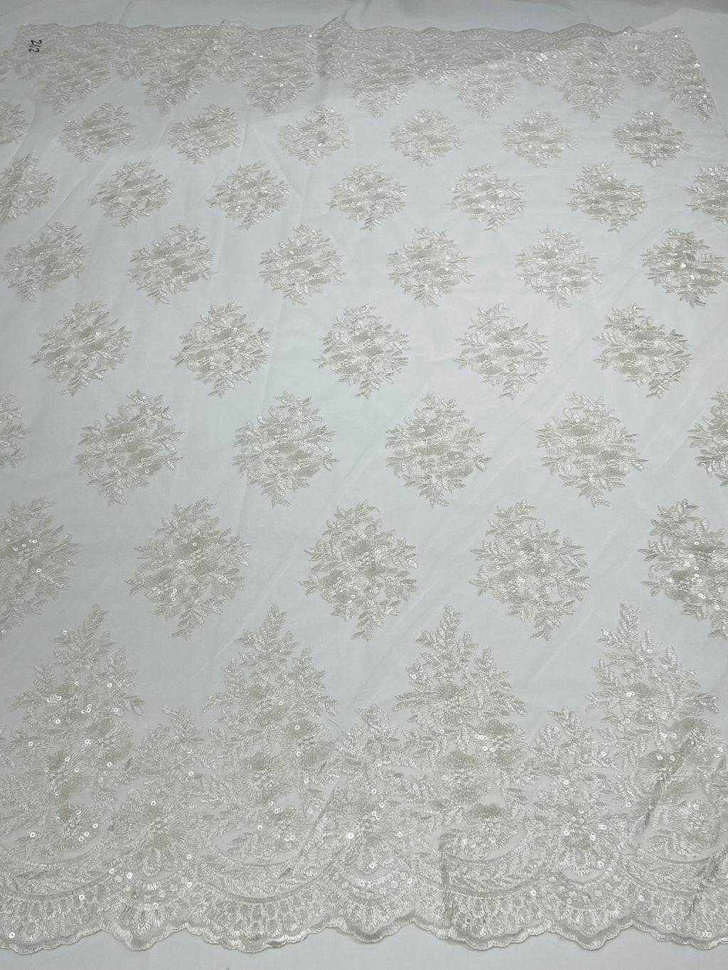 Floral Lace Fabric - Off-White - Flower Cluster Embroidery Design With Sequins on a Mesh