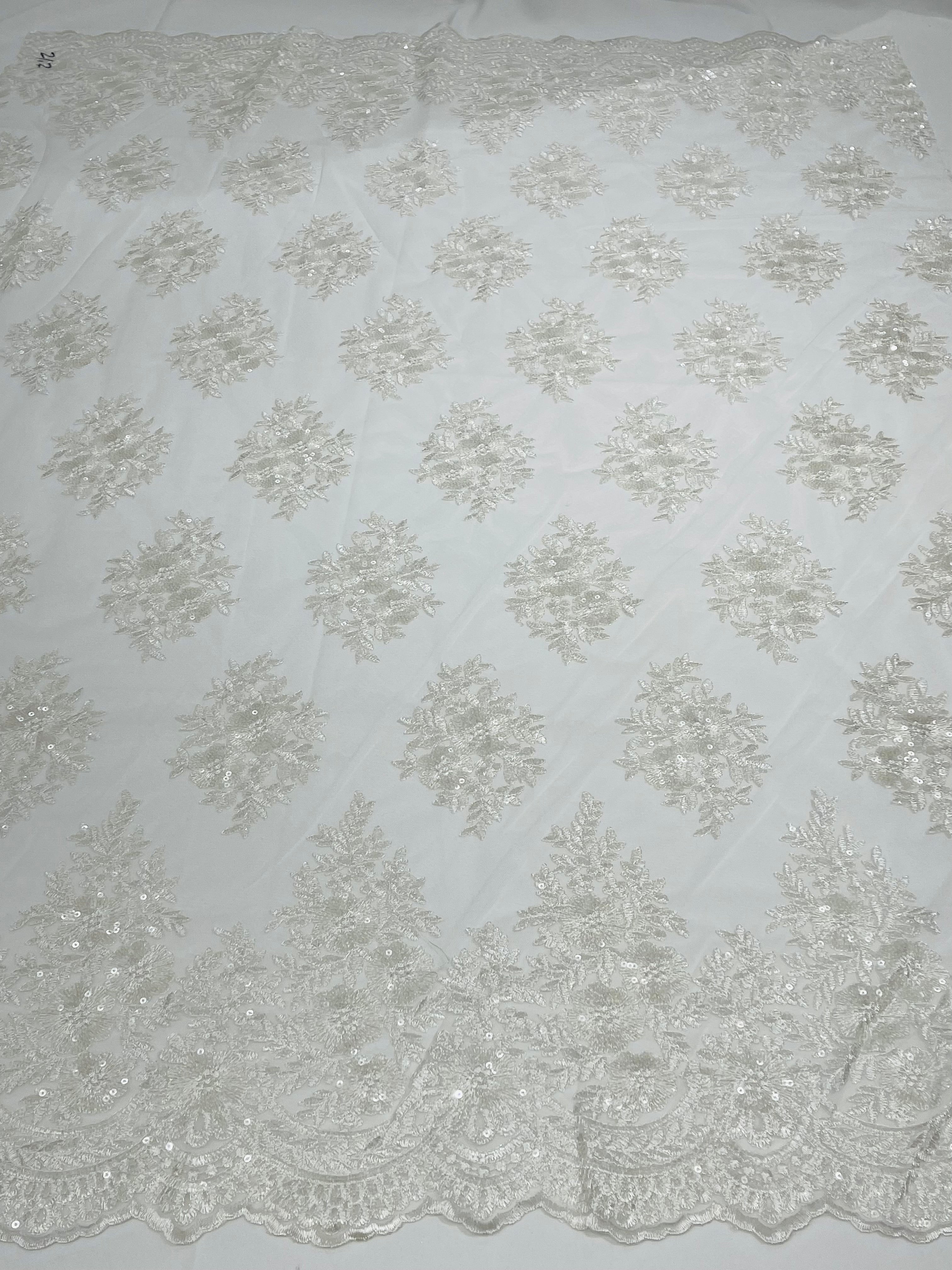 Floral Lace Fabric - Off-White - Flower Cluster Embroidery Design With Sequins on a Mesh