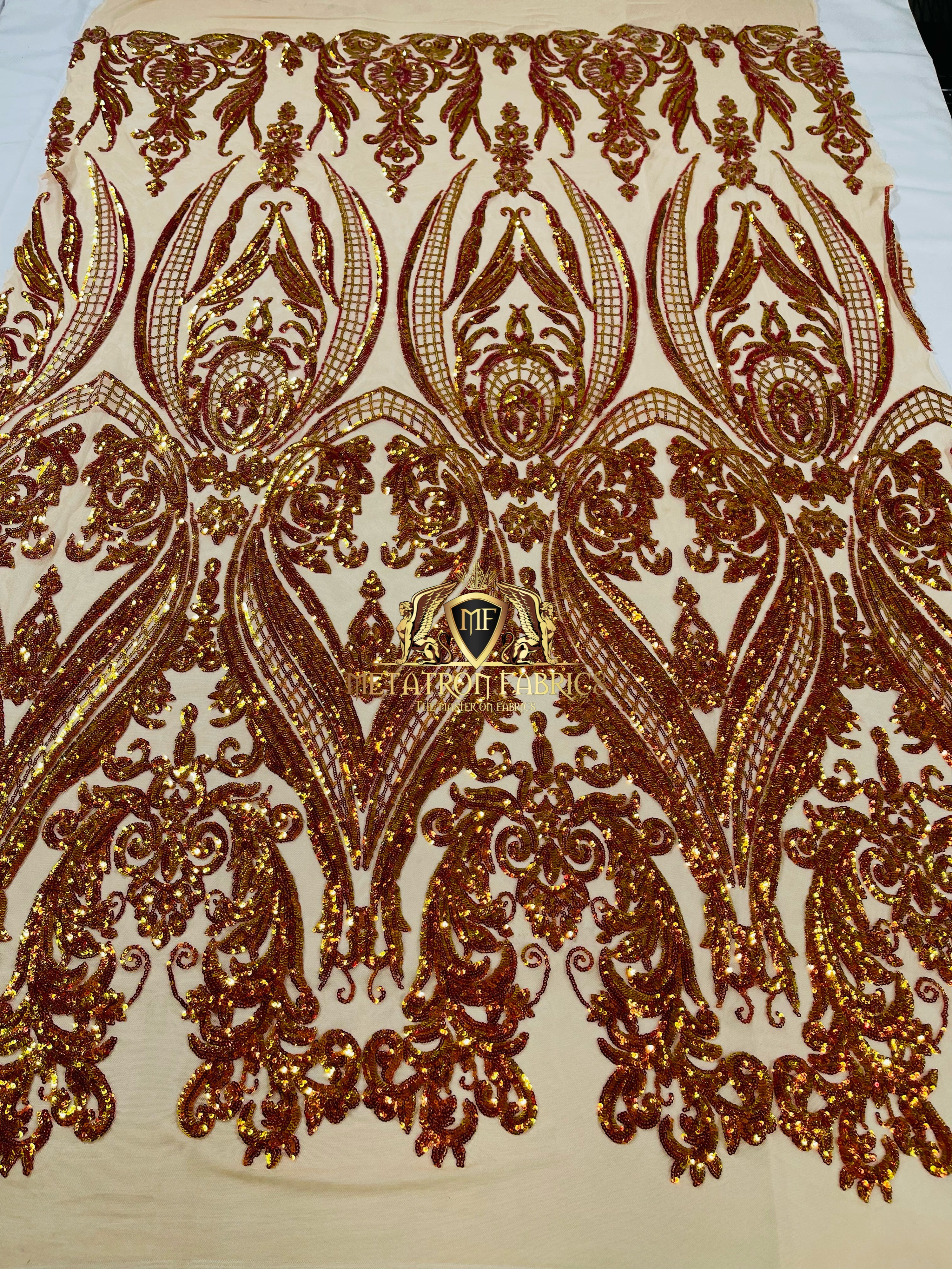Big Damask Sequins Fabric - Orange Iridescent - 4 Way Stretch Damask Sequins Design Fabric By Yard