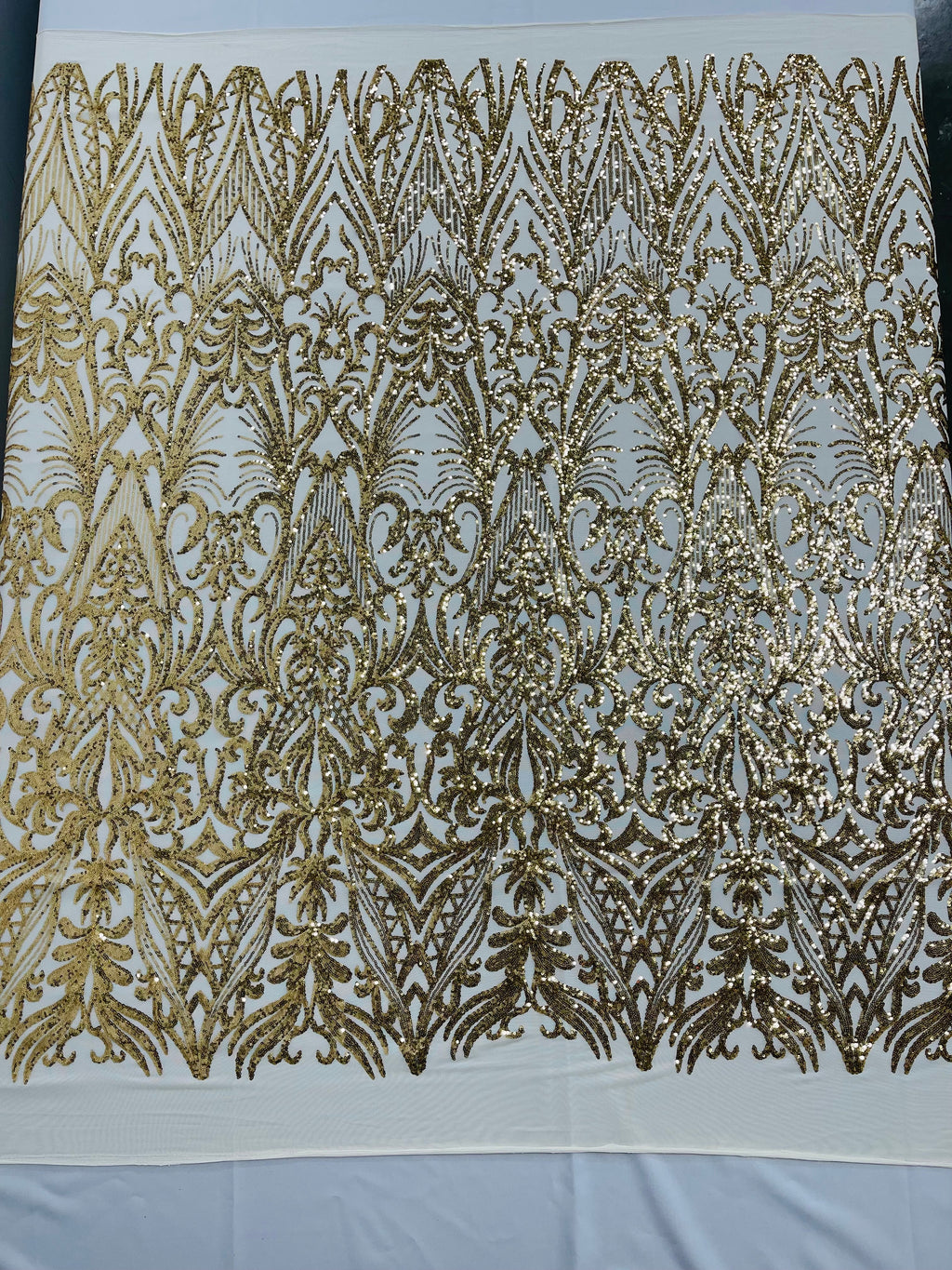 Gold Sequin Fabric - by the yard - On Mesh 4 Way Stretch, Damask Design Sequins