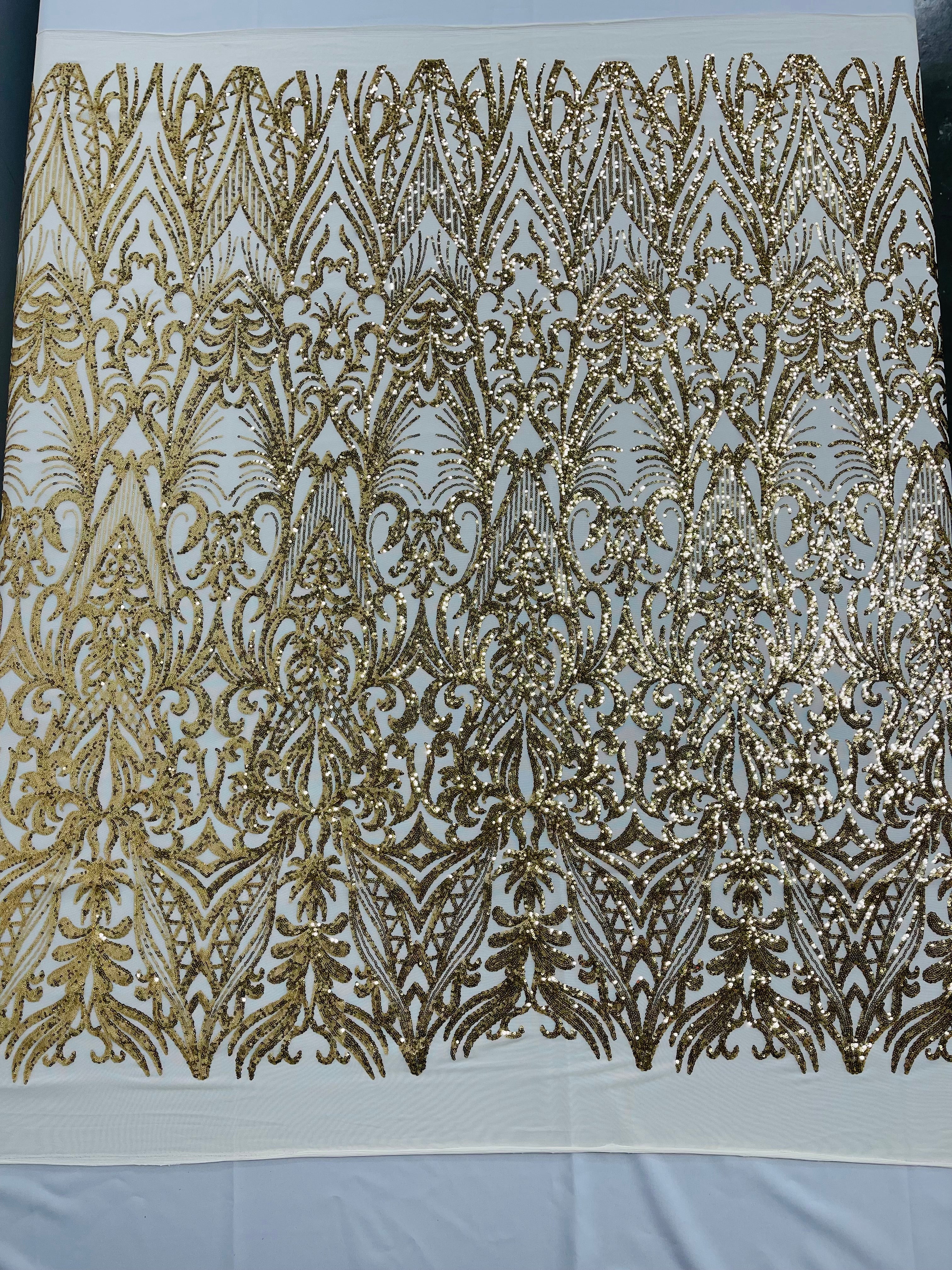 Gold Sequin Fabric - by the yard - On Mesh 4 Way Stretch, Damask Design Sequins