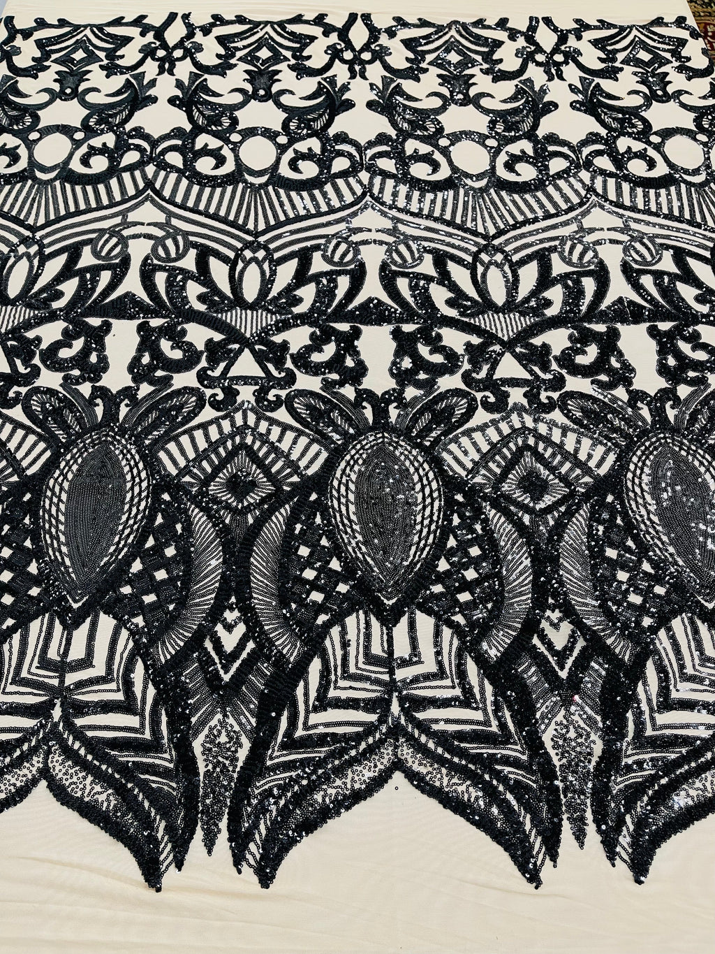 Black - 4 Way Stretch Embroidered Royalty Sequins Design Fabric By Yard