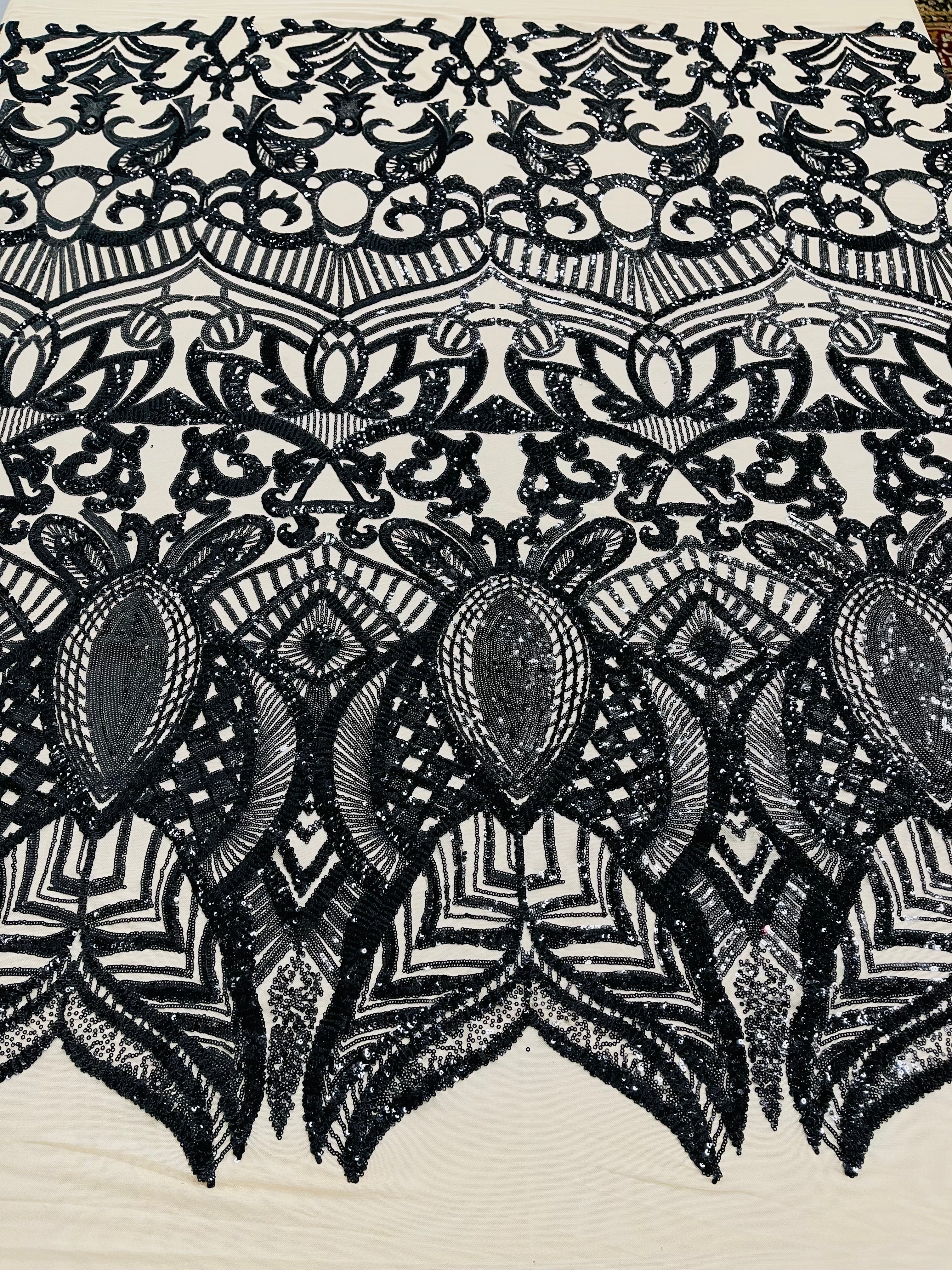 Black - 4 Way Stretch Embroidered Royalty Sequins Design Fabric By Yard