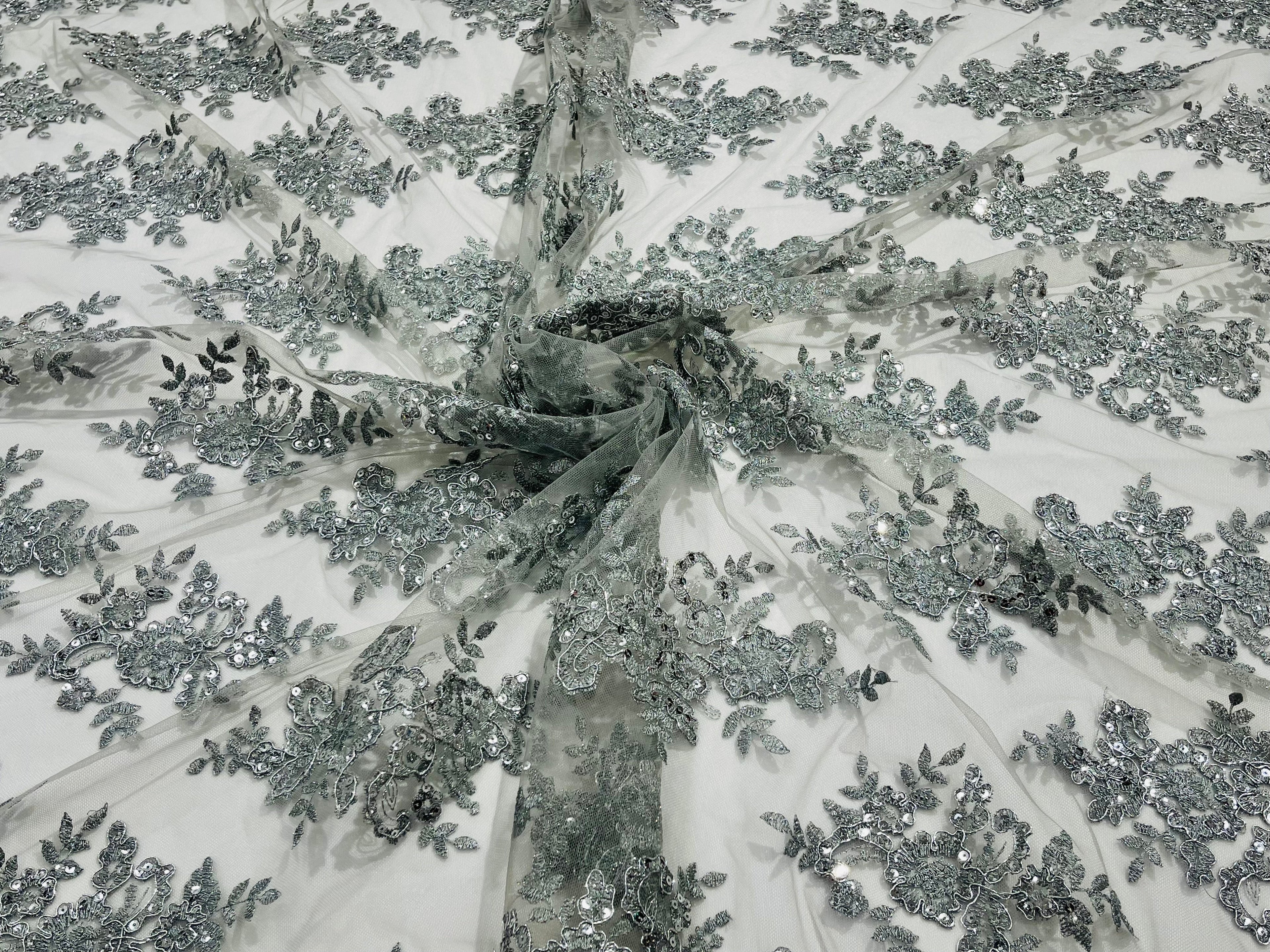 Metallic Silver Floral Lace Fabric by the yard Corded Flower Embroidery Design With Sequins on a Mesh