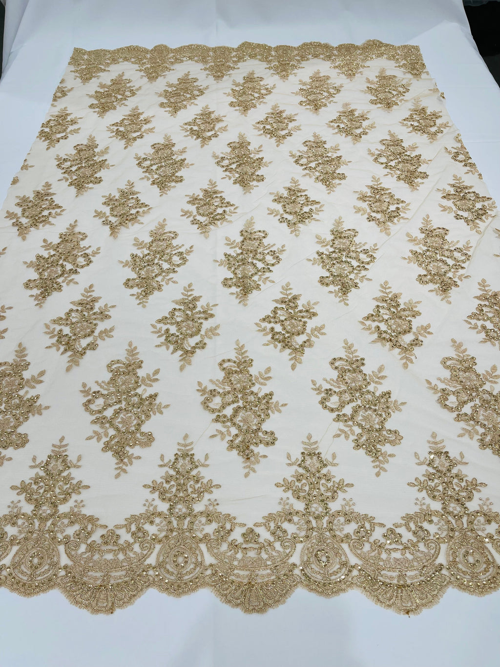 Metallic Gold/Skin Mesh Floral Lace Fabric by the yard Corded Flower Embroidery Design With Sequins