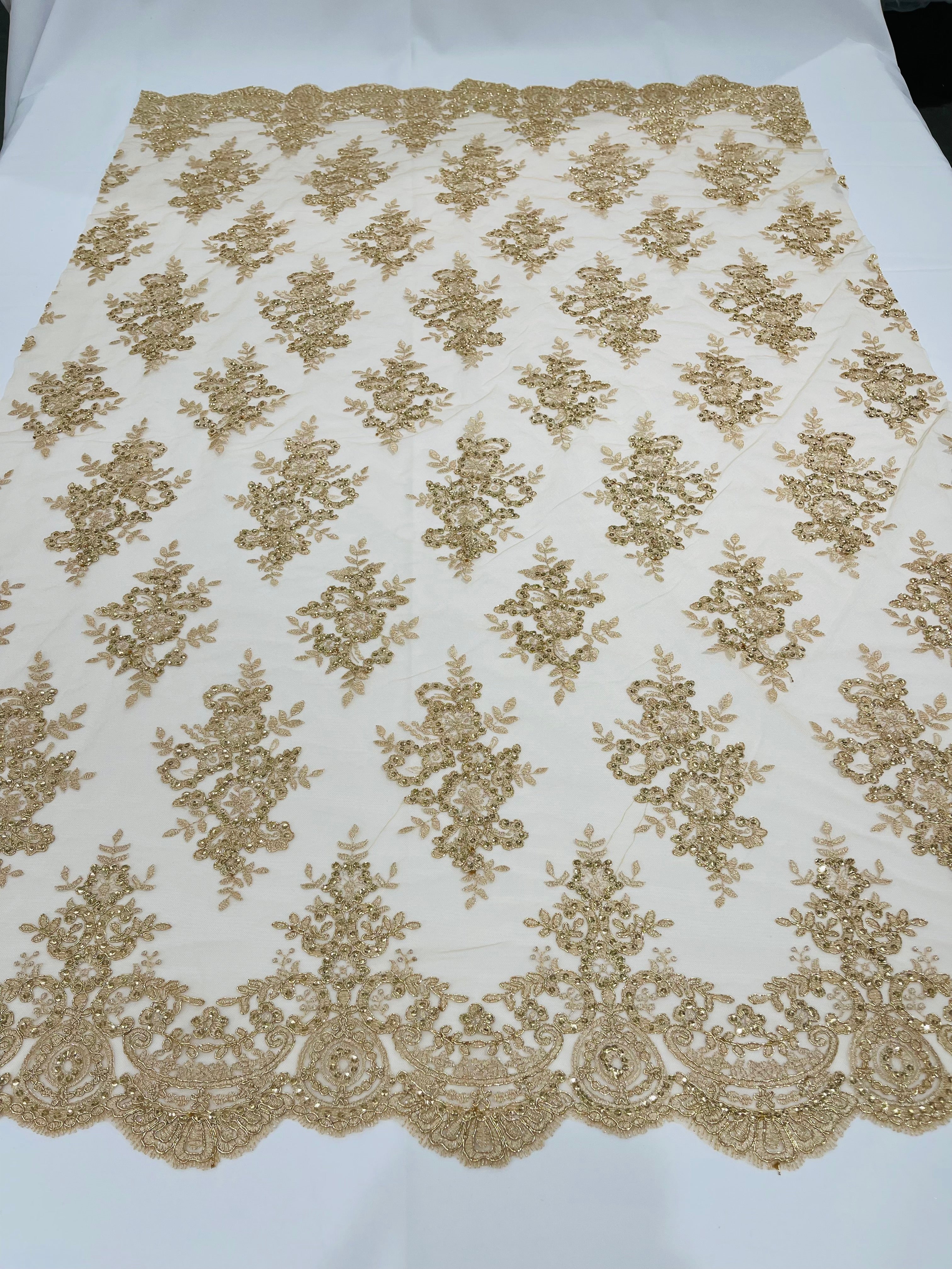 Metallic Gold/Skin Mesh Floral Lace Fabric by the yard Corded Flower Embroidery Design With Sequins