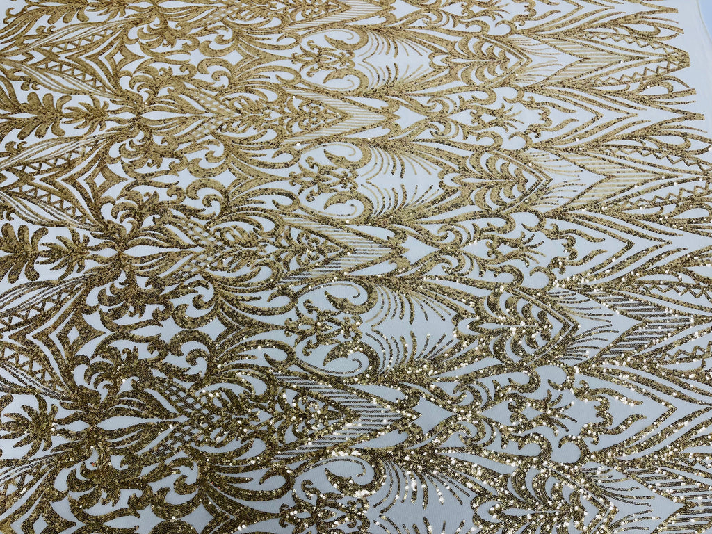 Gold Sequin Fabric - by the yard - On Mesh 4 Way Stretch, Damask Design Sequins