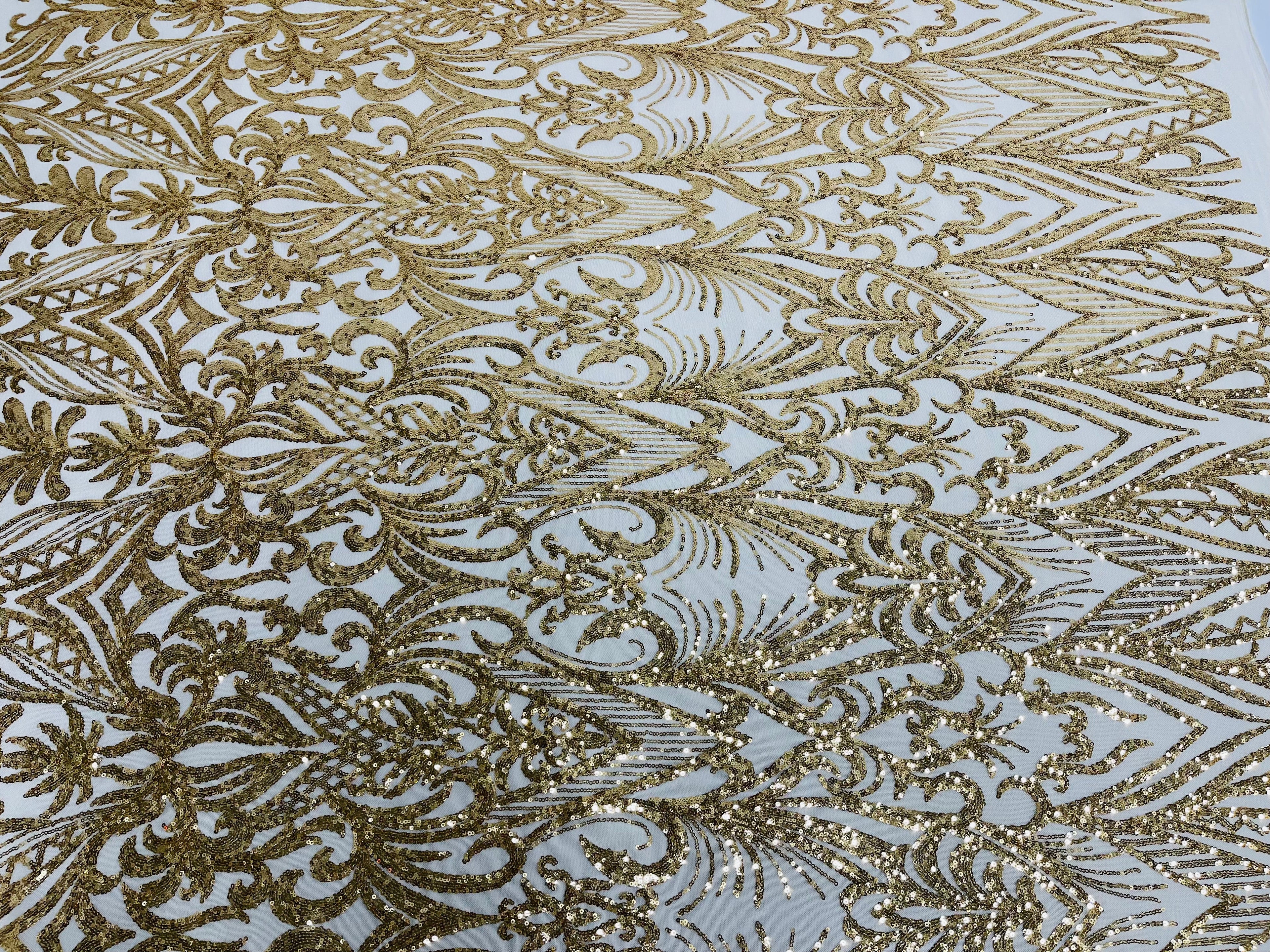 Gold Sequin Fabric - by the yard - On Mesh 4 Way Stretch, Damask Design Sequins