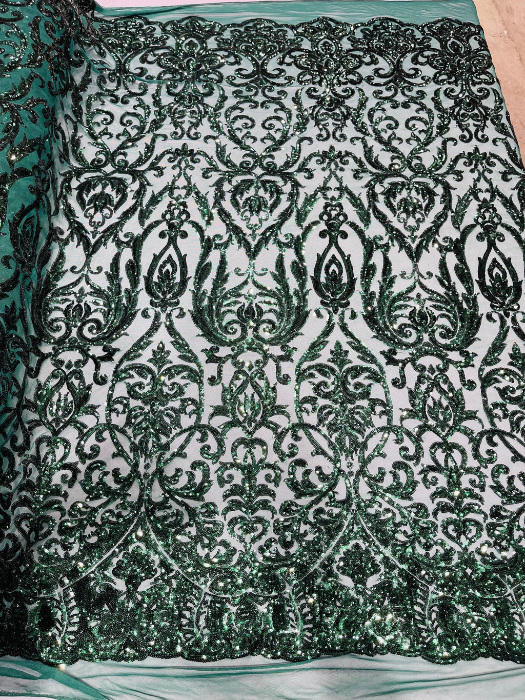 Hunter Green Sequin Fabric On a Mesh 4 Way Stretch Damask Design By The Yard