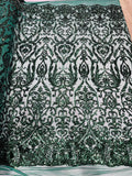 Hunter Green Sequin Fabric On a Mesh 4 Way Stretch Damask Design By The Yard