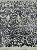 Navy Blue Sequin Fabric - by the yard - On Mesh 4 Way Stretch, Damask Design Sequins