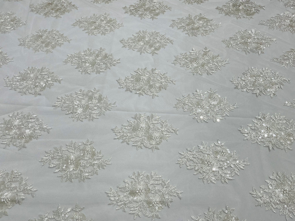 Floral Lace Fabric - Off-White - Flower Cluster Embroidery Design With Sequins on a Mesh