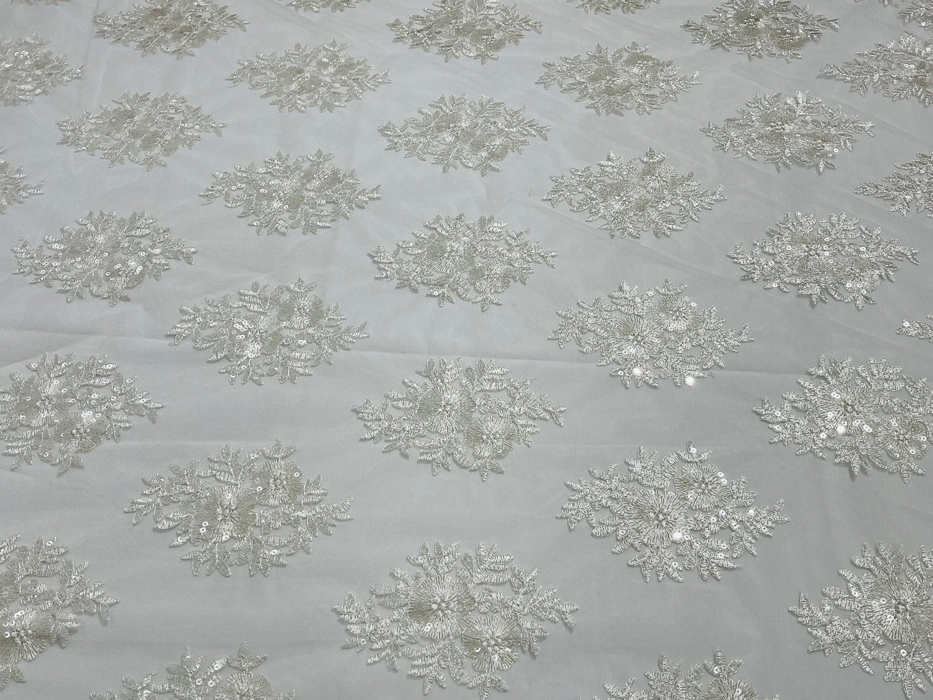 Floral Lace Fabric - Off-White - Flower Cluster Embroidery Design With Sequins on a Mesh