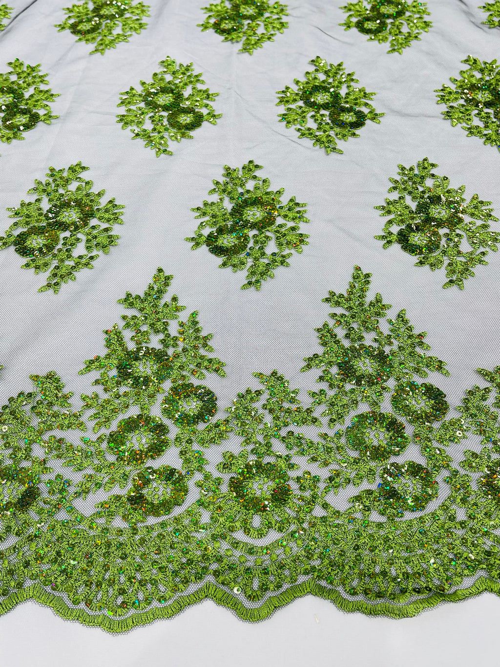 Floral Lace Fabric - Green on Black Mesh - Flower Cluster Embroidery Design With Sequins on a Mesh