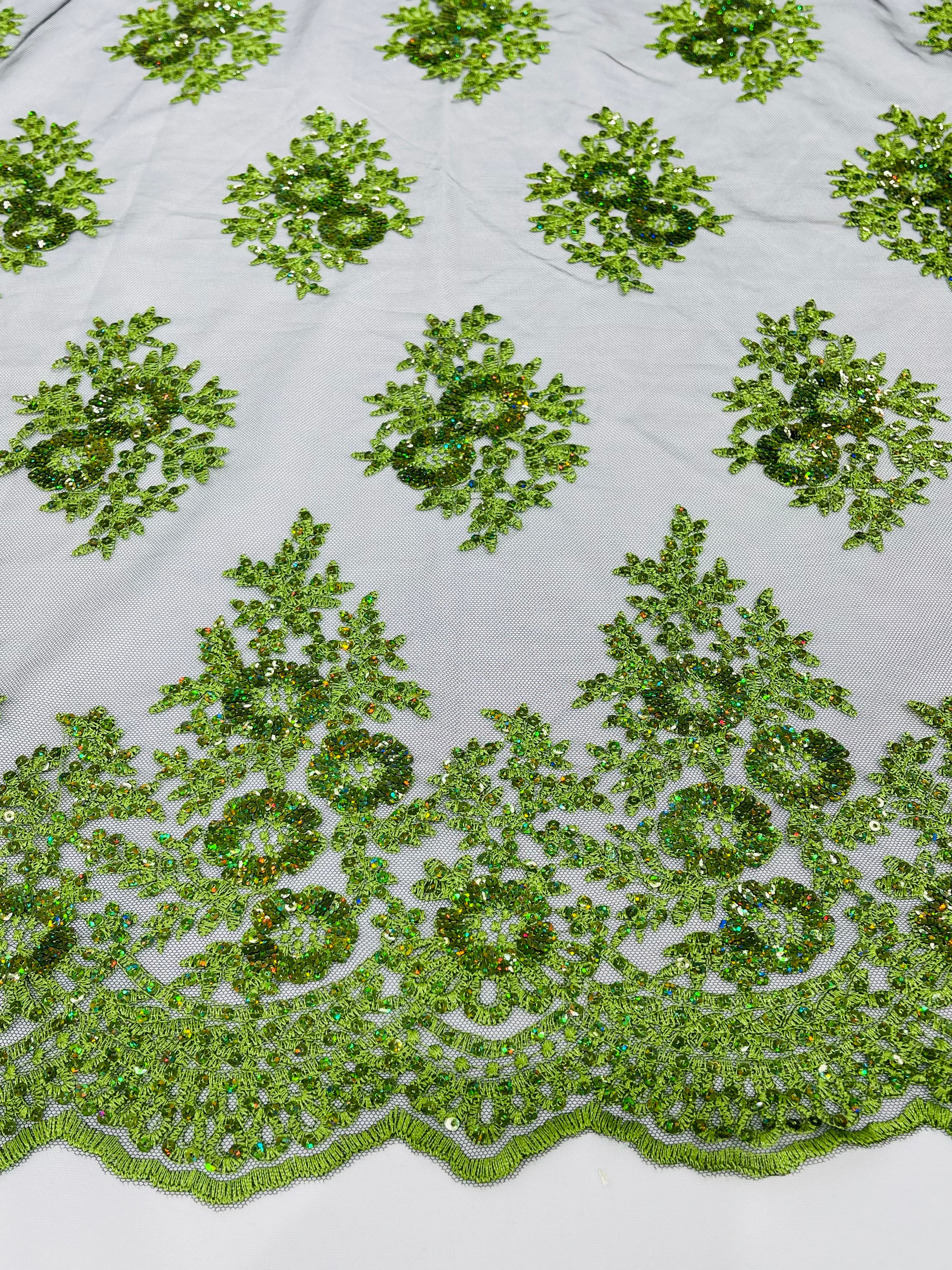 Floral Lace Fabric - Green on Black Mesh - Flower Cluster Embroidery Design With Sequins on a Mesh