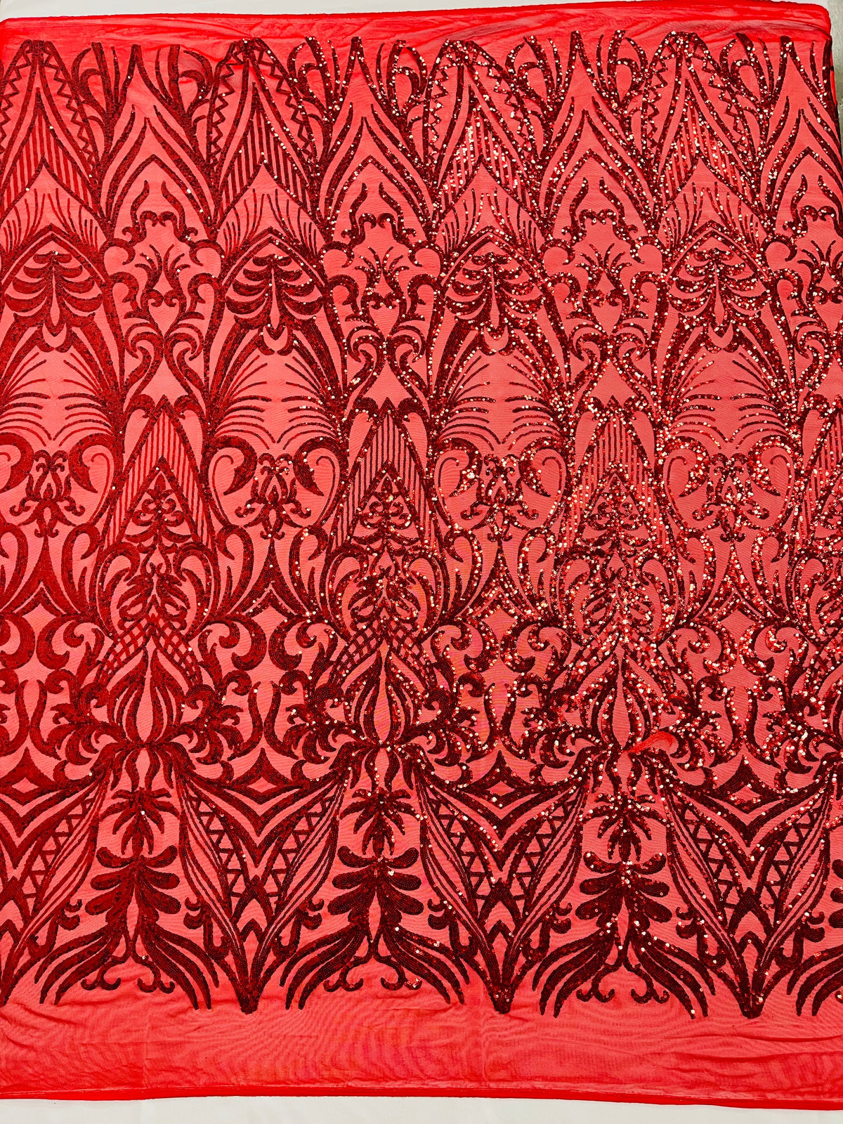 Red Sequin Fabric - by the yard - On Mesh 4 Way Stretch, Damask Design Sequins