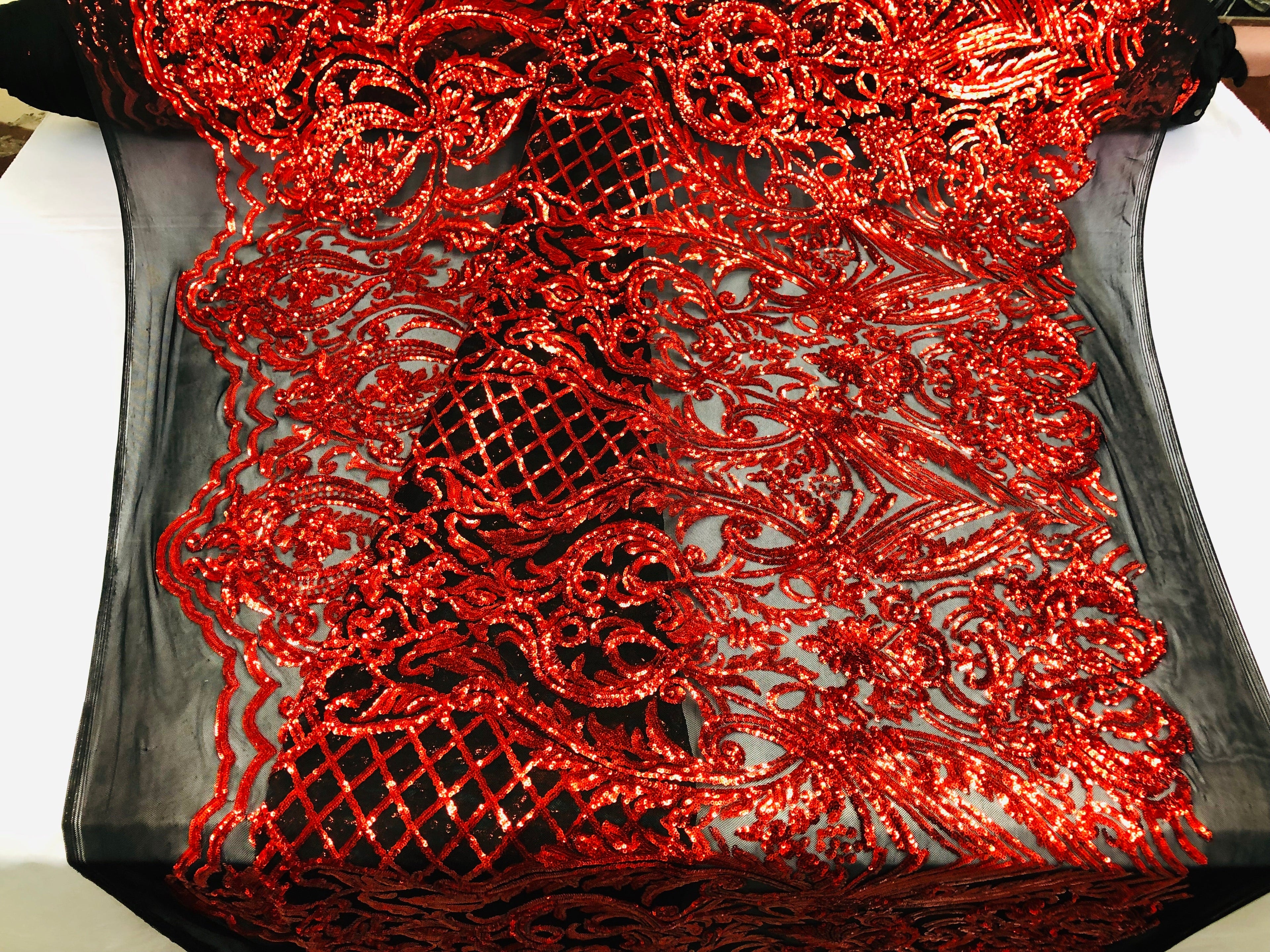 Red Sequins On Black Mesh 4 Way Stretch Damask Design Fabric On Stretch Mesh By The Yard