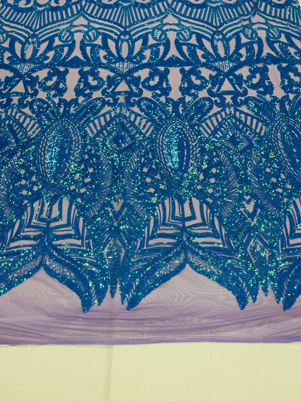 Iridescent Turquoise - 4 Way Stretch Embroidered Royalty Sequins Design Fabric By Yard
