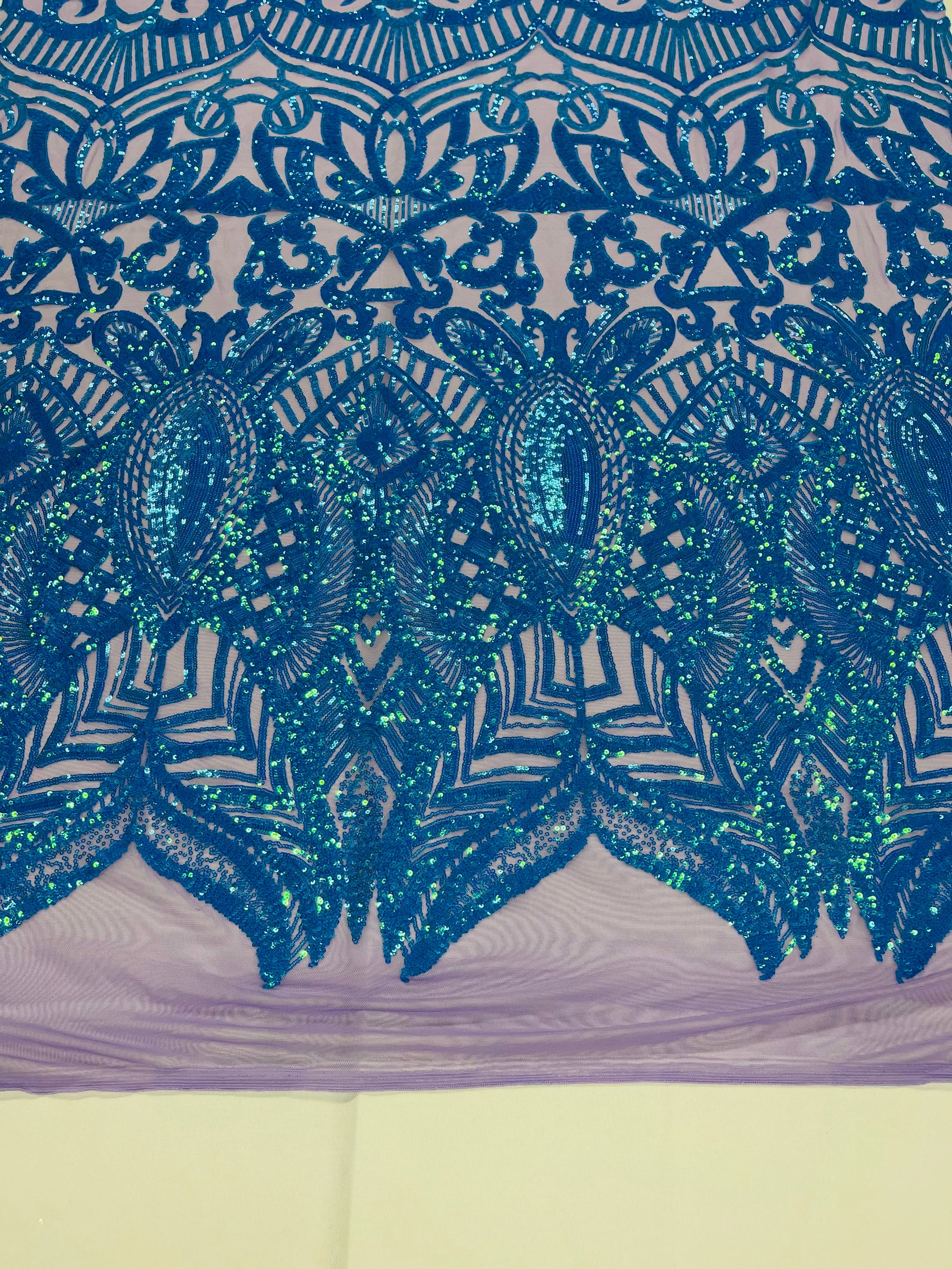 Iridescent Turquoise - 4 Way Stretch Embroidered Royalty Sequins Design Fabric By Yard