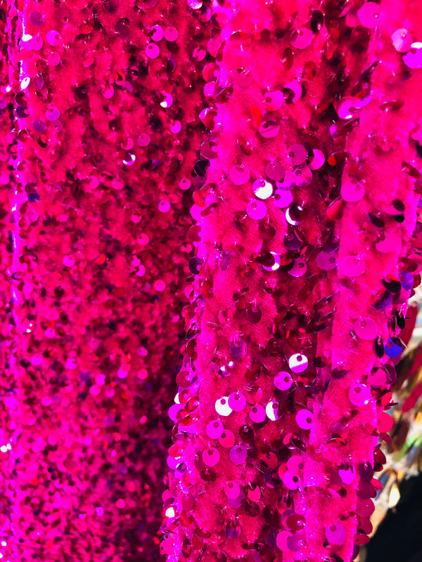 Fuchsia/Magenta Sequin Fabric on Stretch Velvet - by the yard - Sequins 2 Way Stretch  58/60”