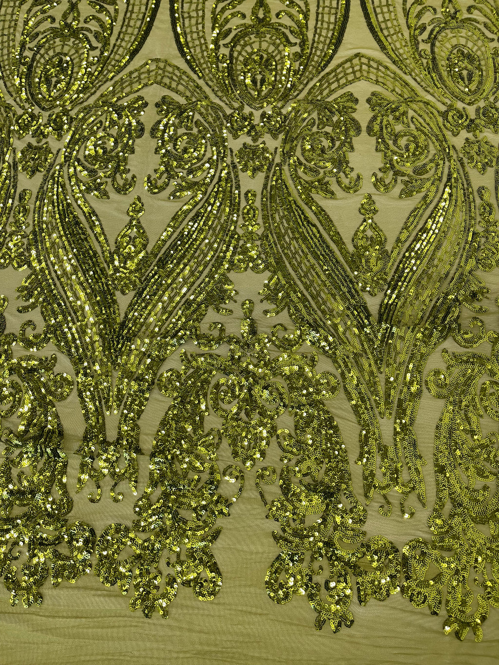 Big Damask Sequins Fabric - Olive Green  - 4 Way Stretch Damask Sequins Design Fabric By Yard