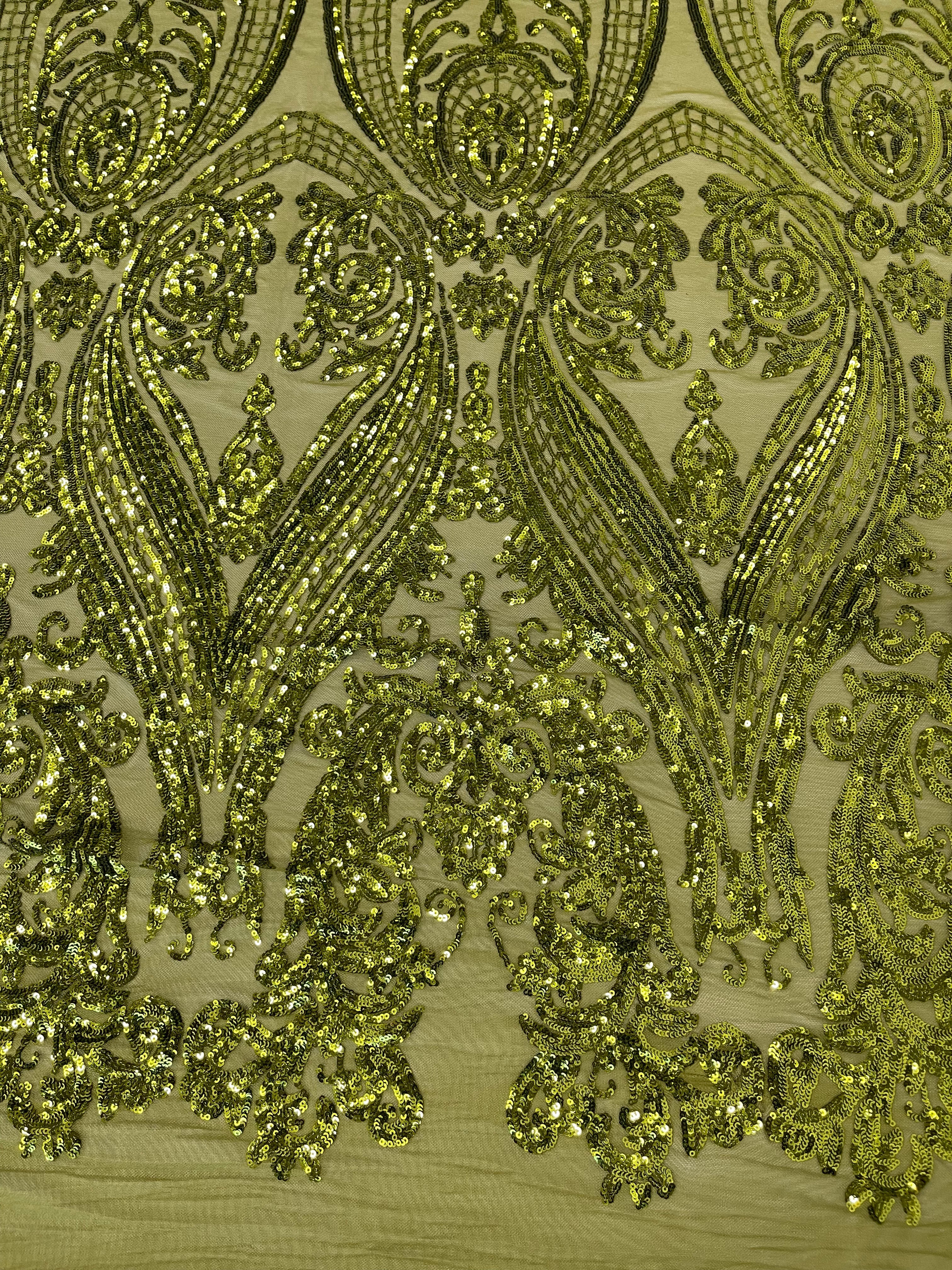Big Damask Sequins Fabric - Olive Green  - 4 Way Stretch Damask Sequins Design Fabric By Yard