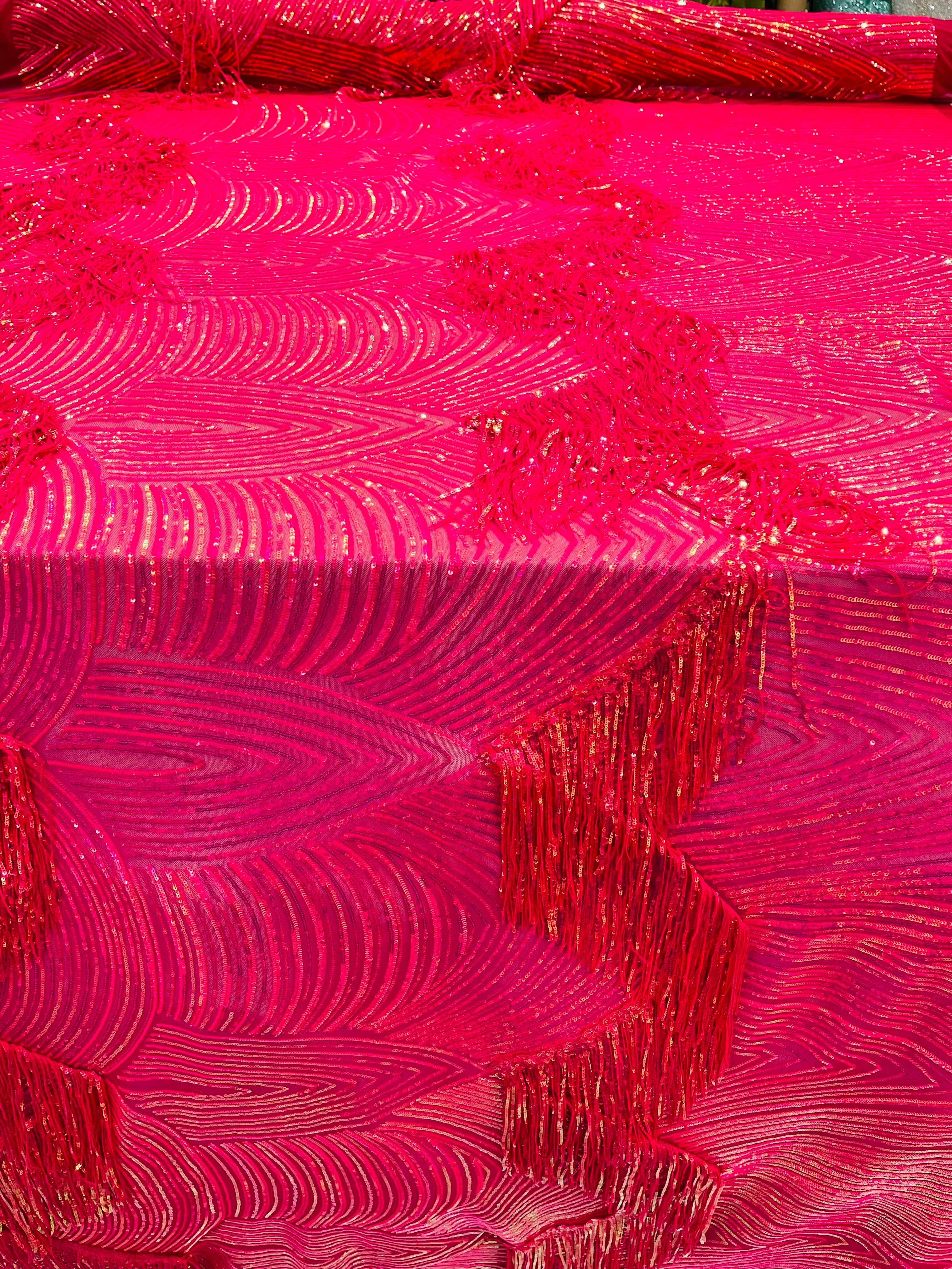 Hot Pink Fringe Sequins - Dangle 4 Way Stretch Fancy Sequins Fabric Sold By The Yard