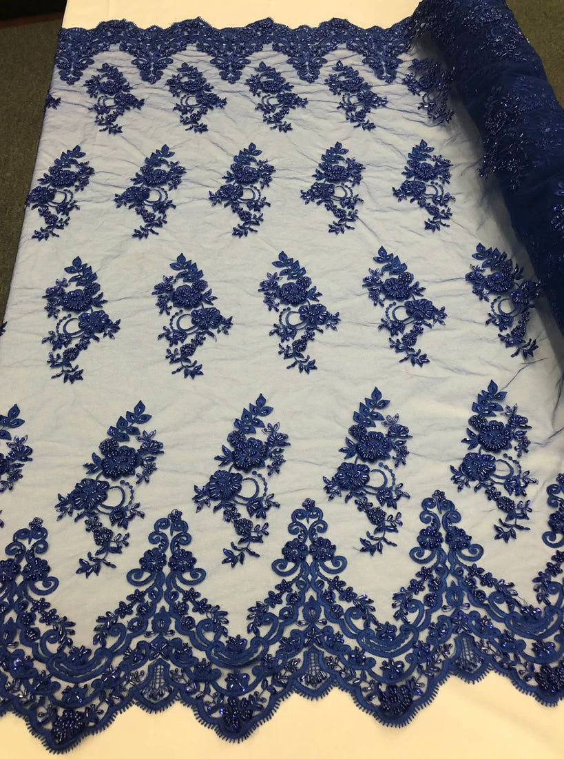 Beaded Bridal Lace - Royal Blue - Sold By The Yard Floral Embroidered Sequins Wedding Fabric