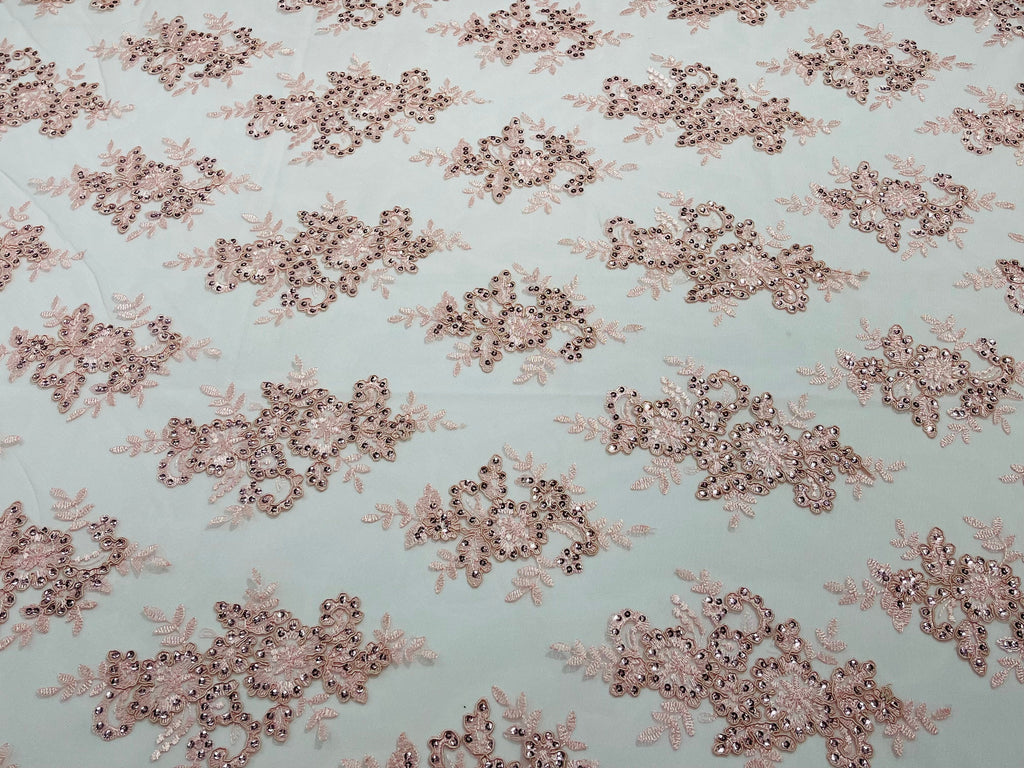 Blush Pink Floral Lace Fabric by the yard Corded Flower Embroidery Design With Sequins on a Mesh