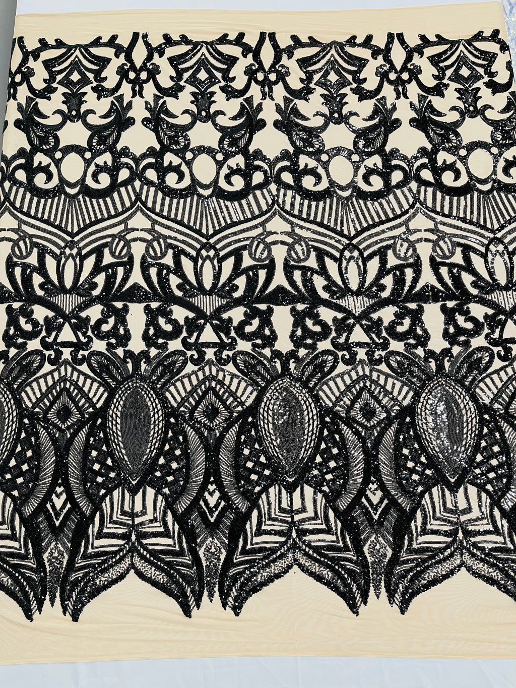 Black - 4 Way Stretch Embroidered Royalty Sequins Design Fabric By Yard